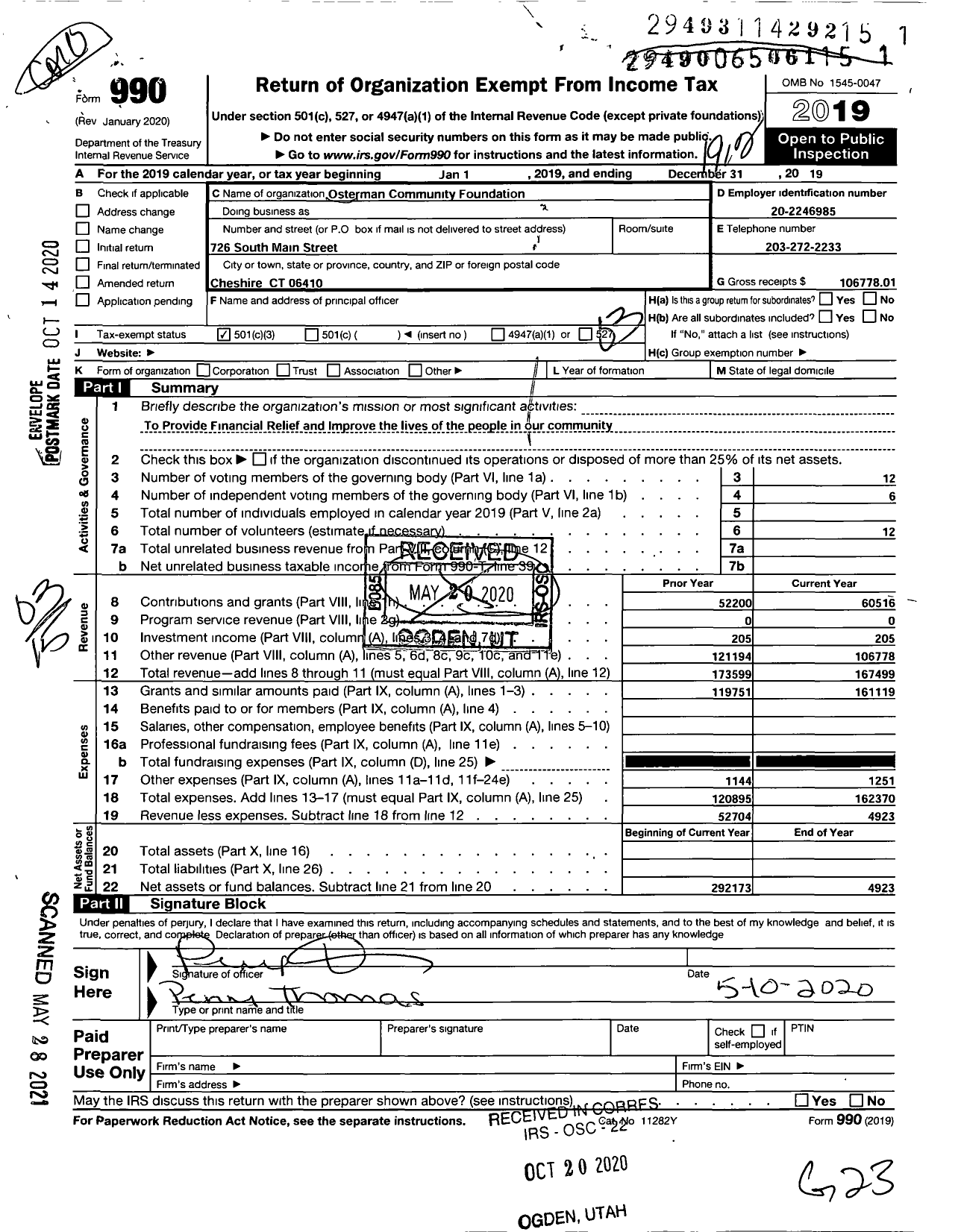 Image of first page of 2019 Form 990 for Osterman Community Foundation