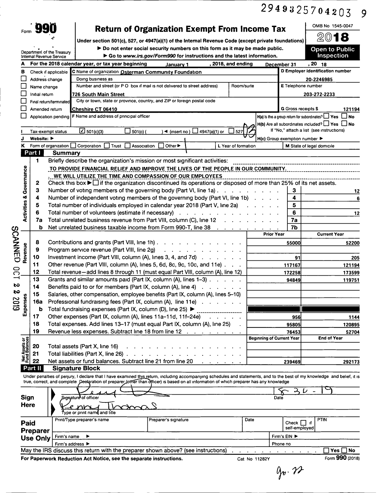 Image of first page of 2018 Form 990 for Osterman Community Foundation