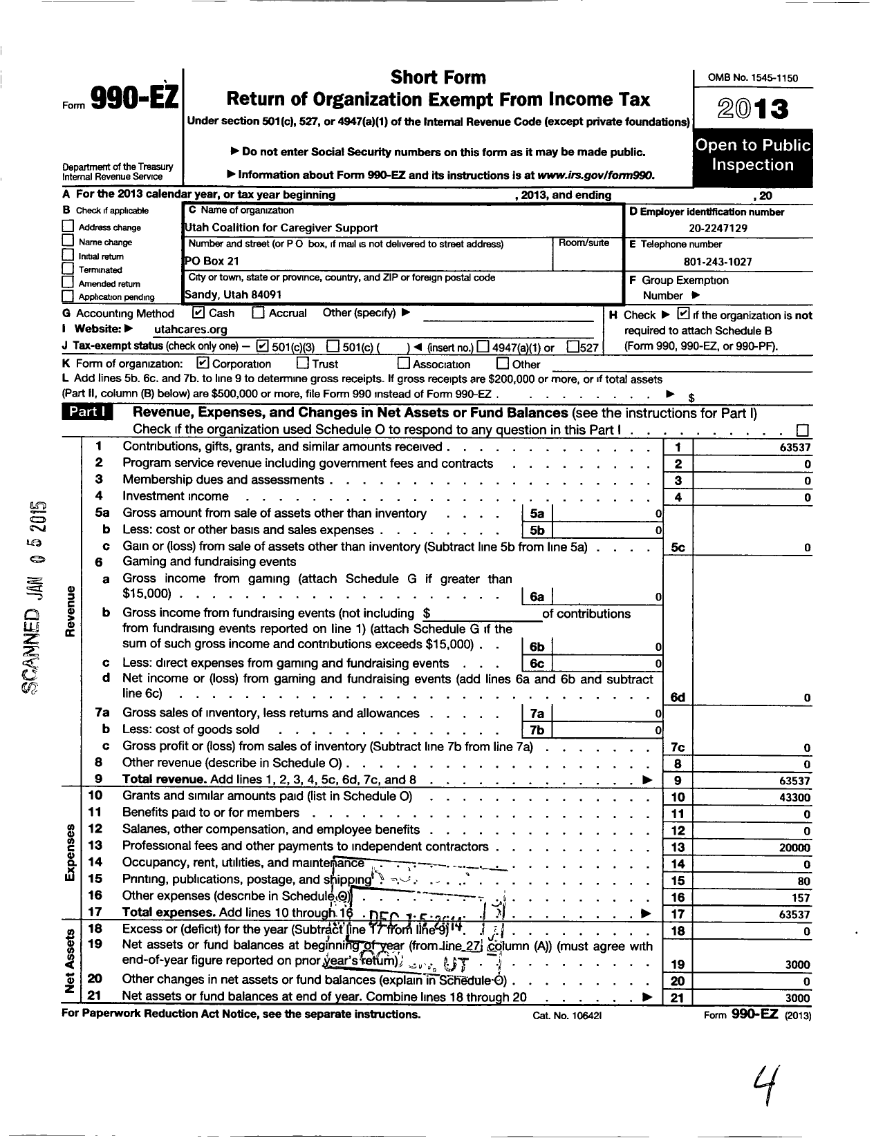 Image of first page of 2013 Form 990EZ for Utah Coalition for Caregiver Support