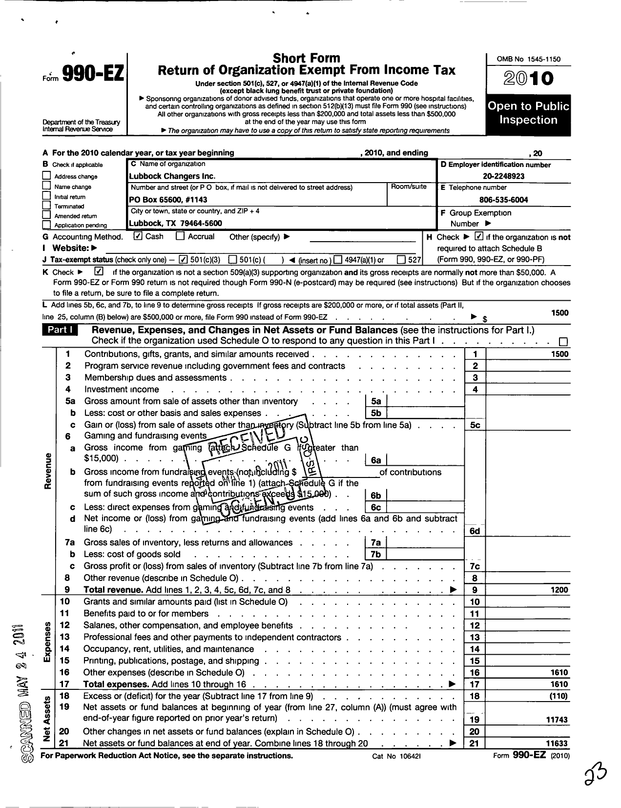 Image of first page of 2010 Form 990EZ for Lubbock World Changers Community Outreach