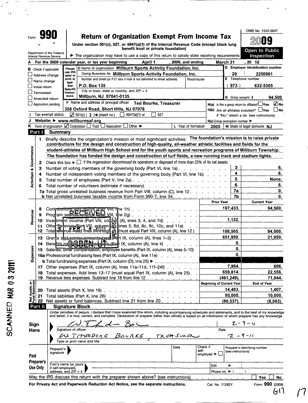Image of first page of 2009 Form 990 for Millburn Sports Activities Foundation
