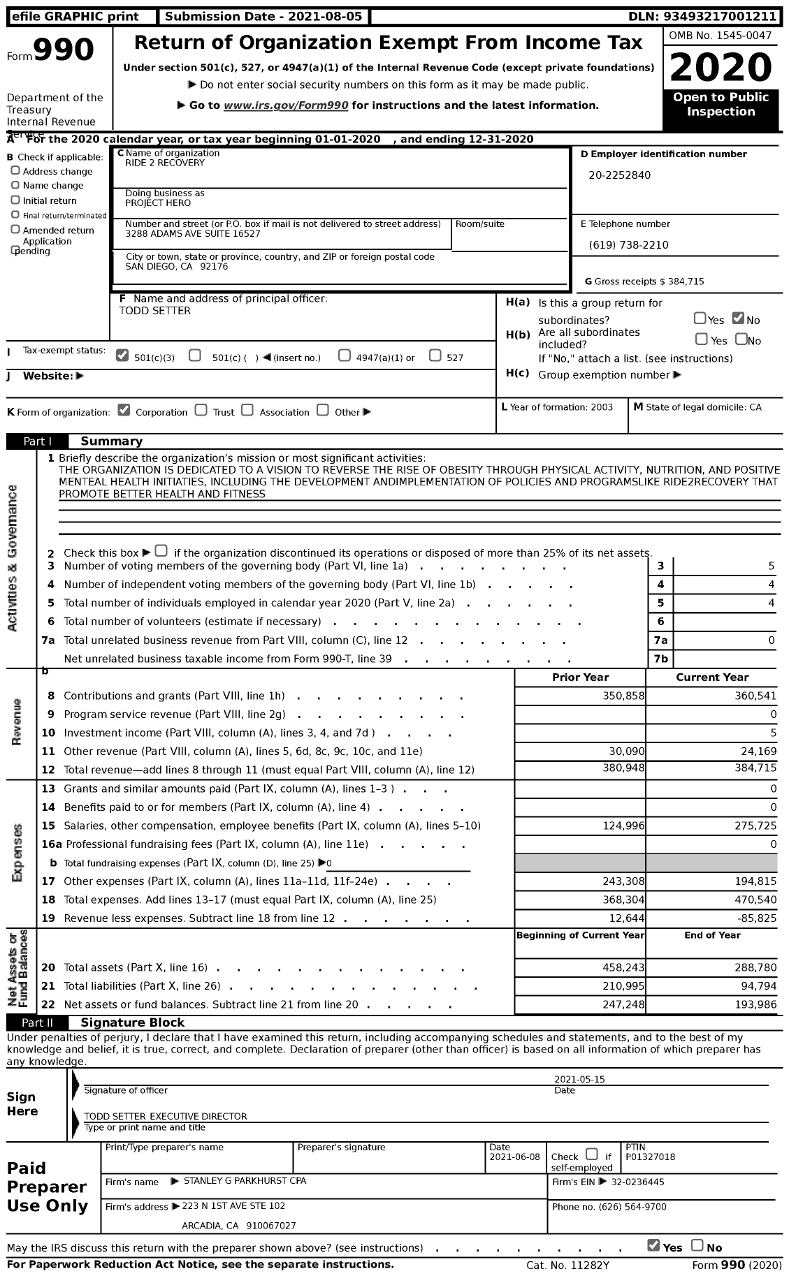 Image of first page of 2020 Form 990 for Project Hero / Ride 2 Recovery