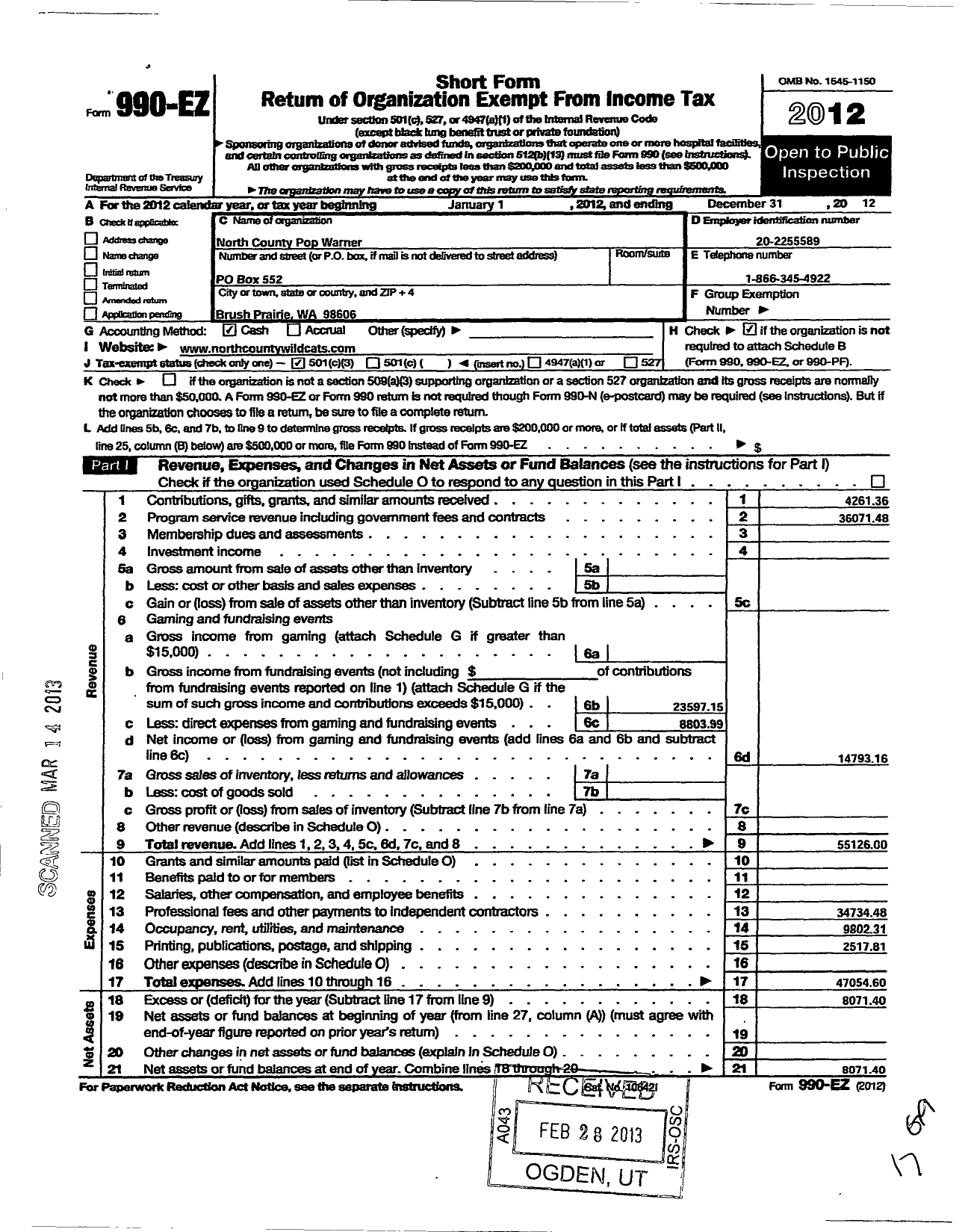 Image of first page of 2012 Form 990EZ for Pop Warner Little Scholars / North County Pop Warner