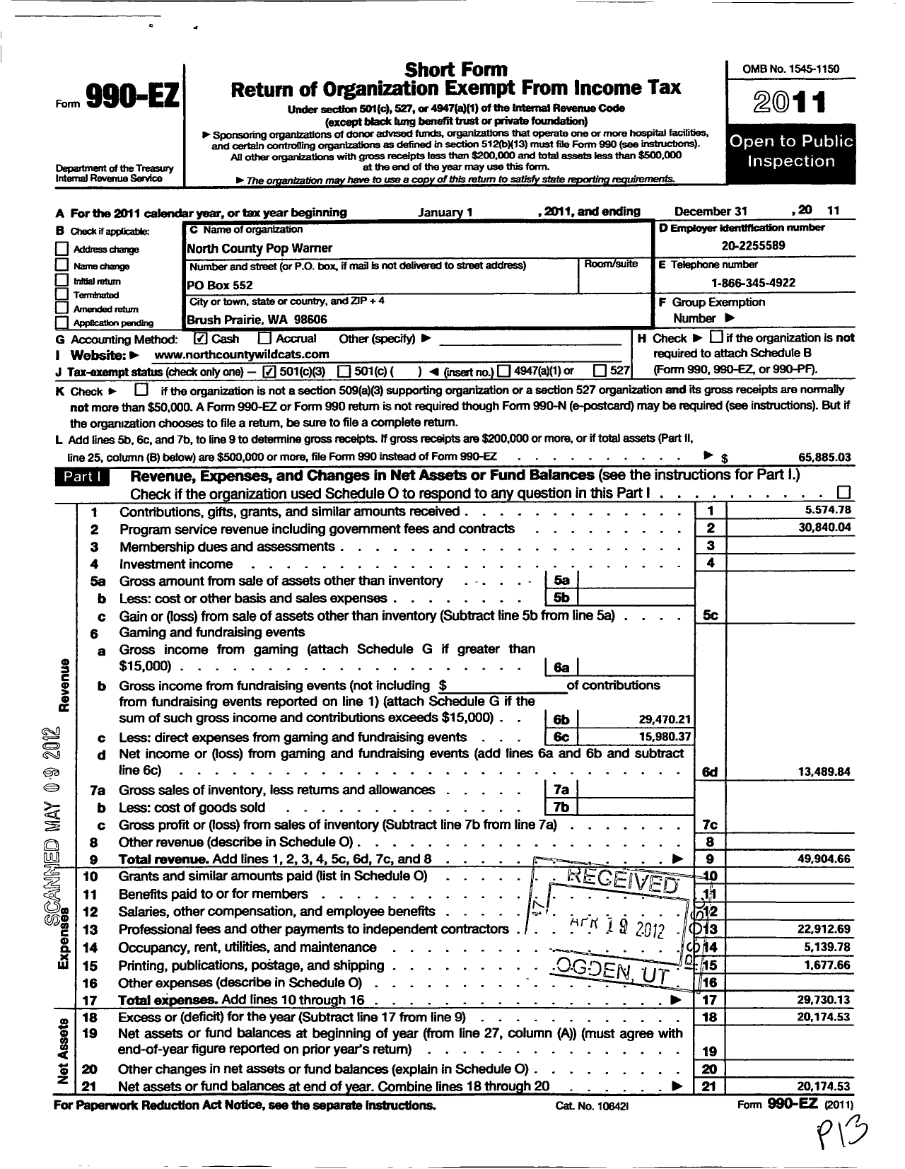 Image of first page of 2011 Form 990EZ for Pop Warner Little Scholars / North County Pop Warner