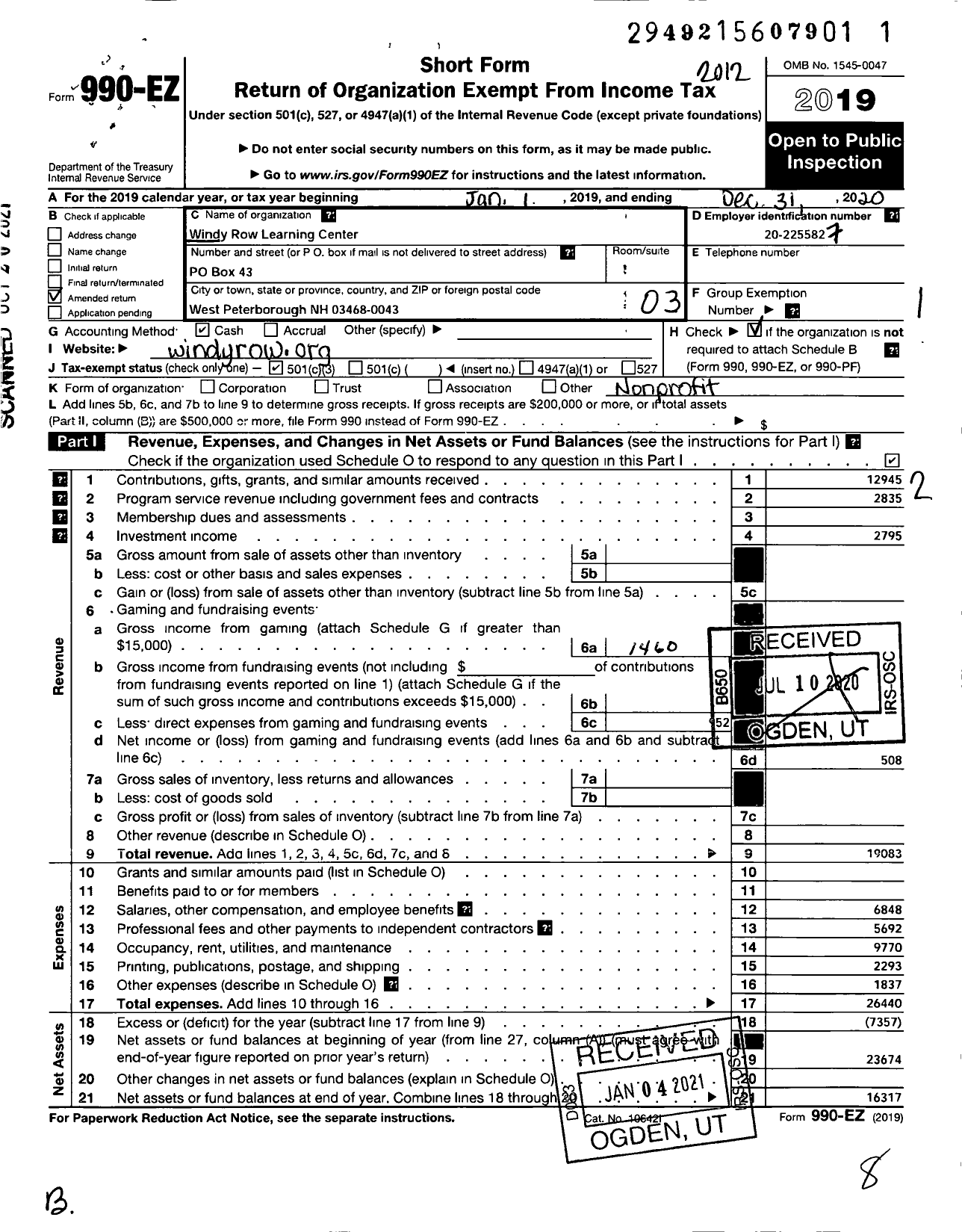 Image of first page of 2020 Form 990EZ for Windy Row Learning Center