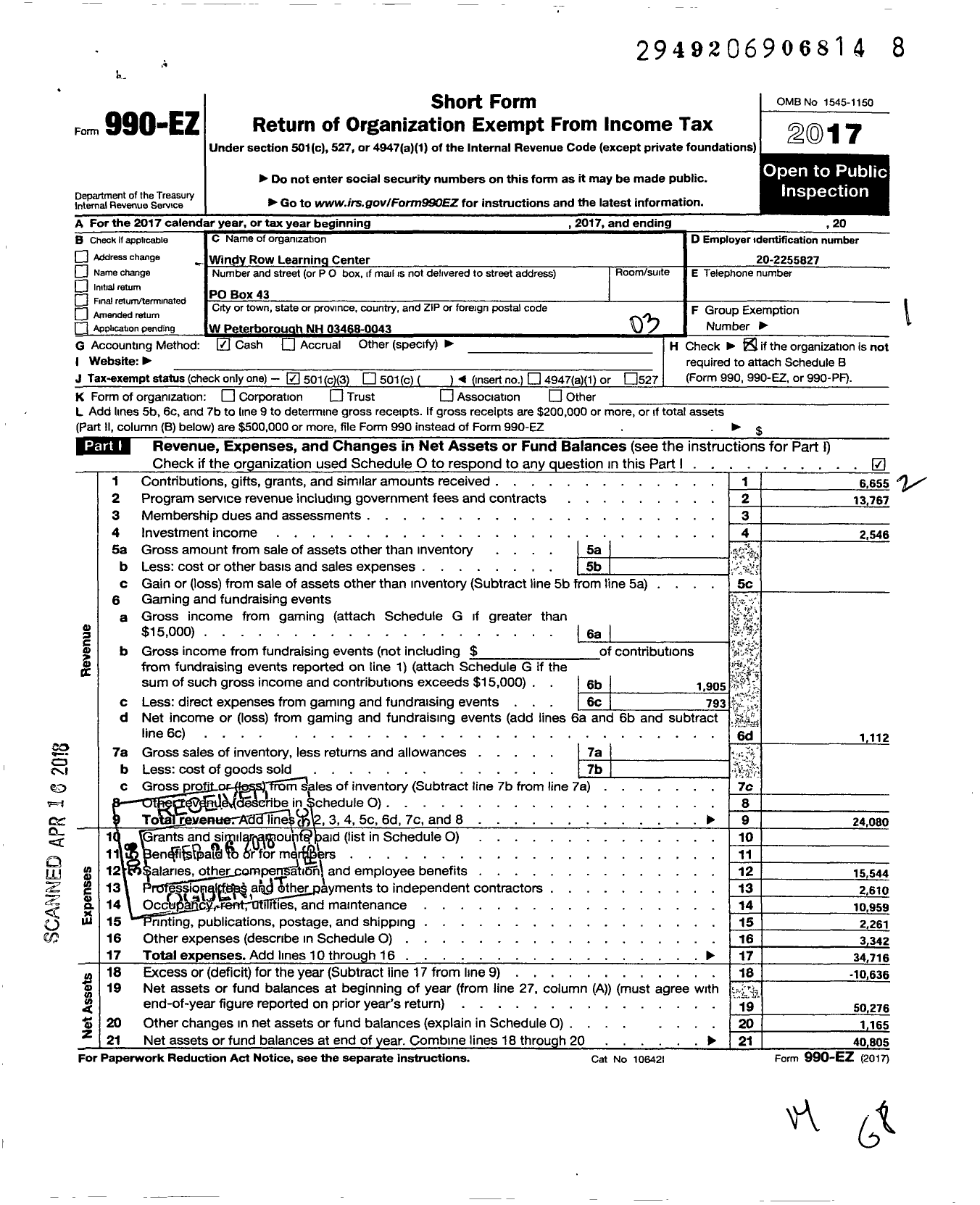 Image of first page of 2017 Form 990EZ for Windy Row Learning Center