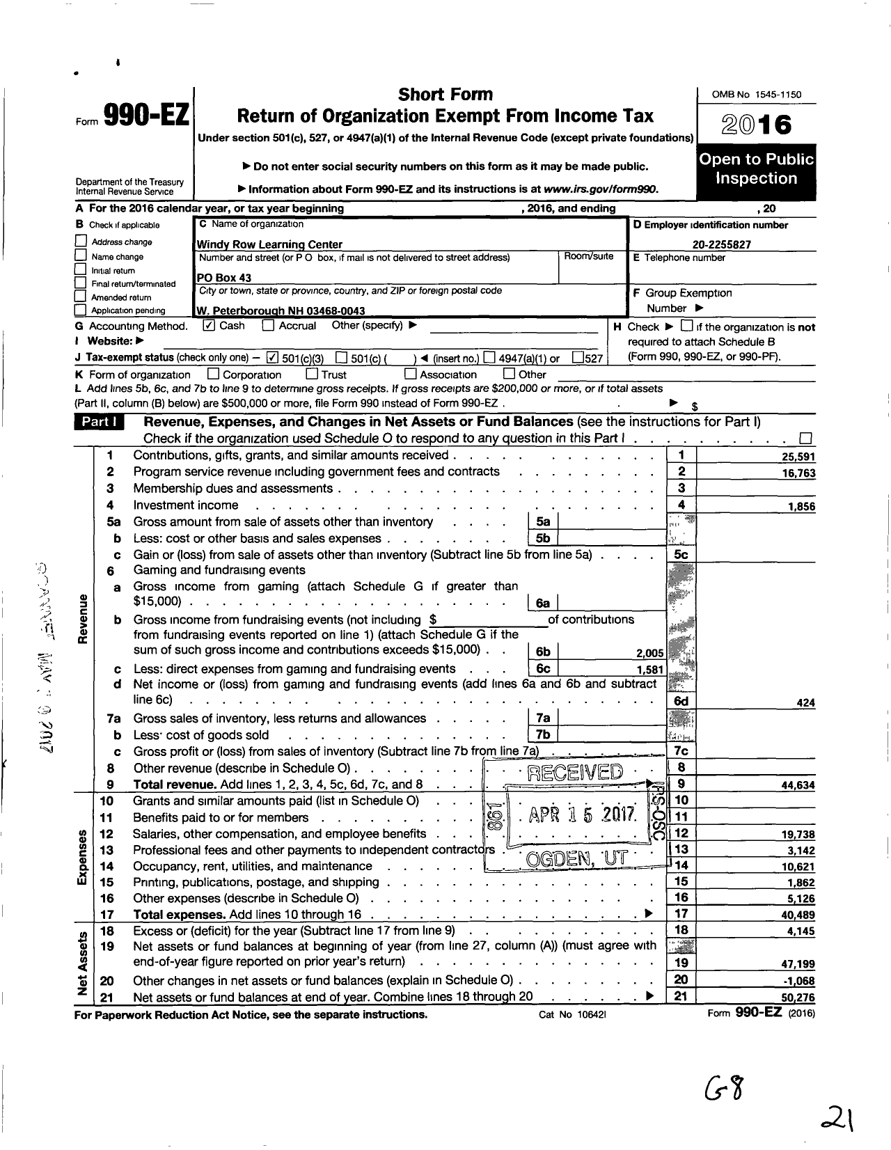 Image of first page of 2016 Form 990EZ for Windy Row Learning Center