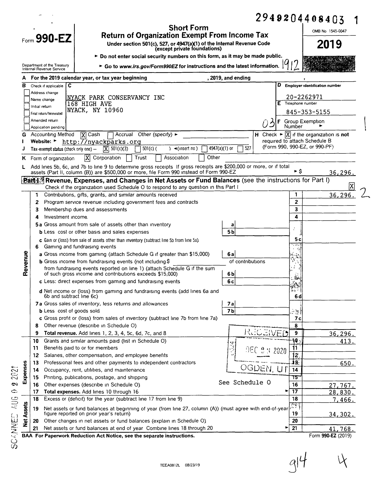 Image of first page of 2019 Form 990EZ for Nyack Park Conservancy