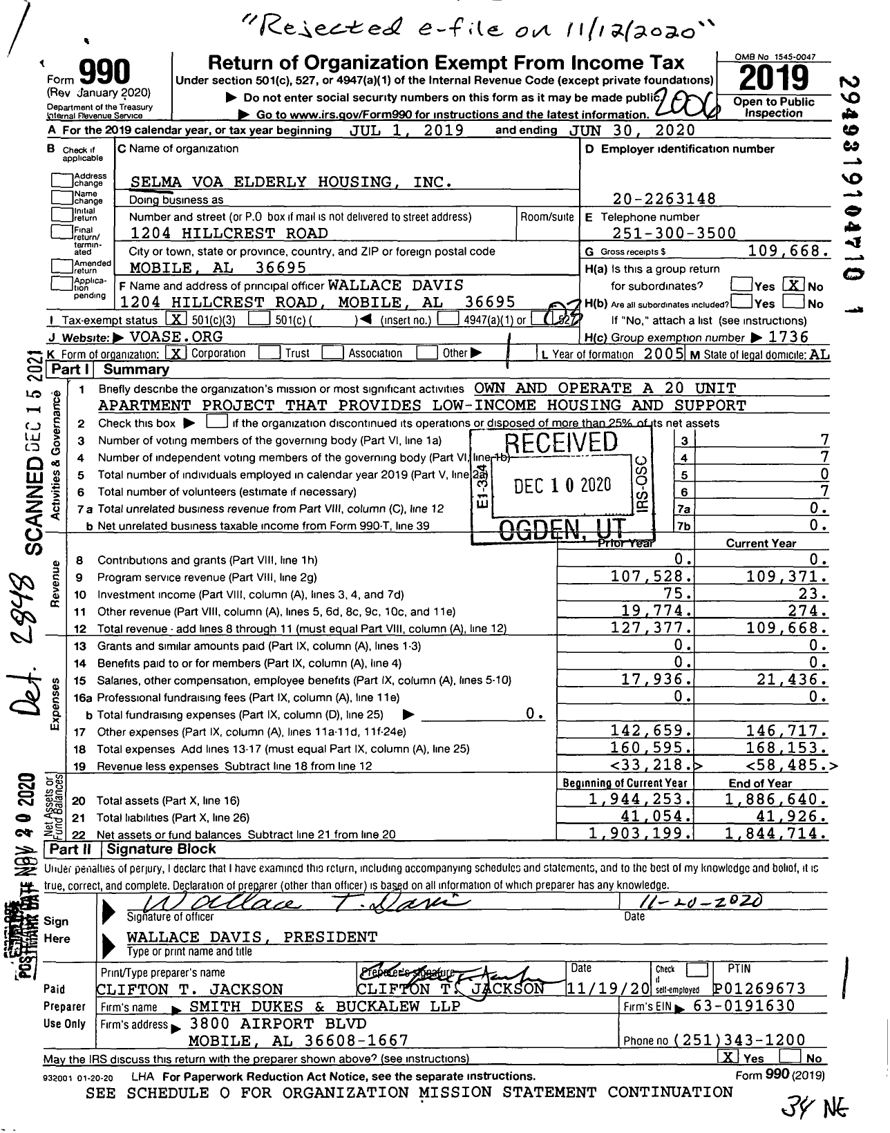 Image of first page of 2019 Form 990 for Volunteers of America - Selma VOA Elderly Housing