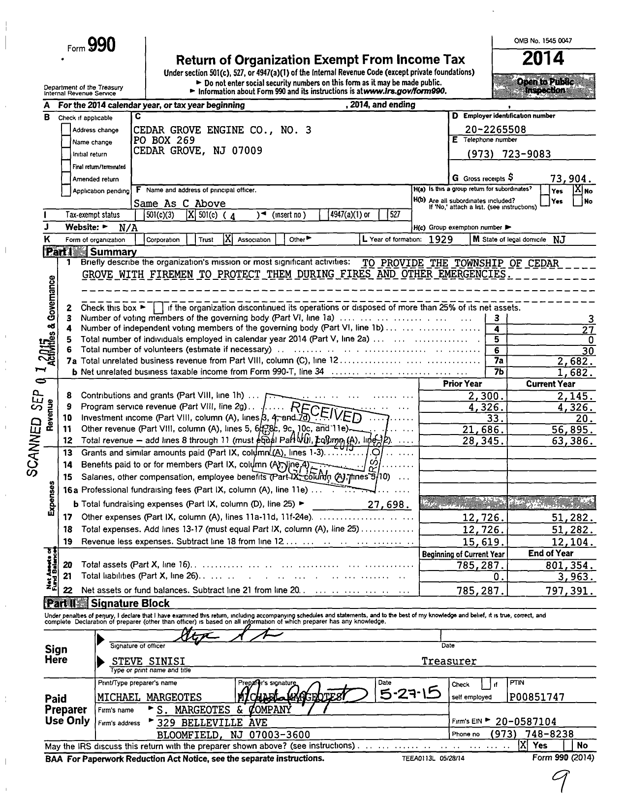 Image of first page of 2014 Form 990O for Cedar Grove Engine No 3