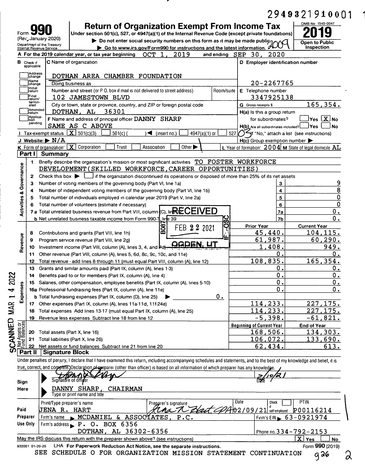 Image of first page of 2019 Form 990 for Dothan Area Chamber Foundation