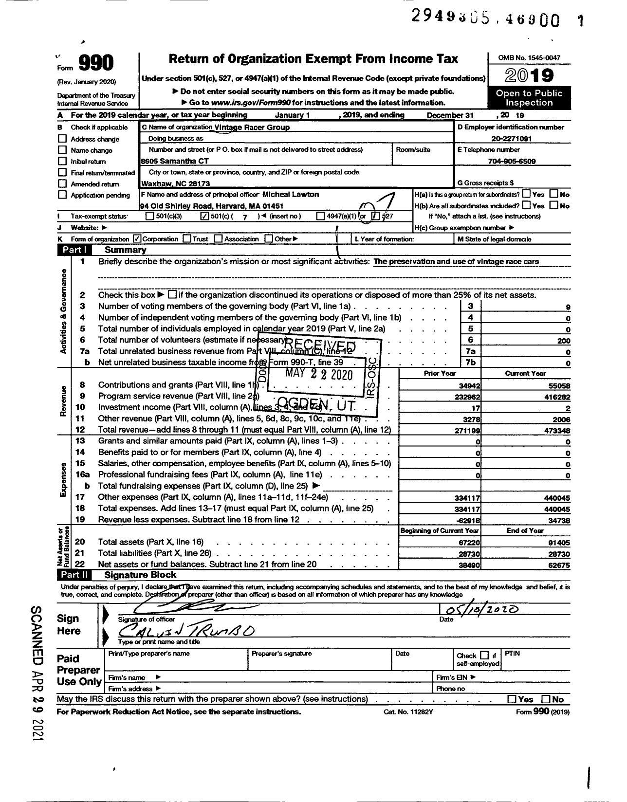 Image of first page of 2019 Form 990O for Vintage Racer Group