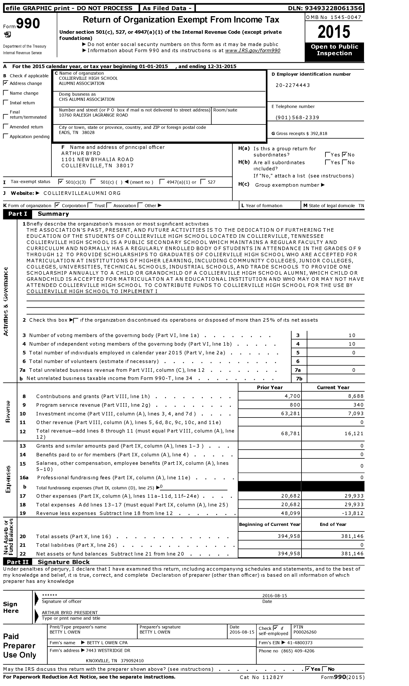 Image of first page of 2015 Form 990 for Collierville High School Alumni Association