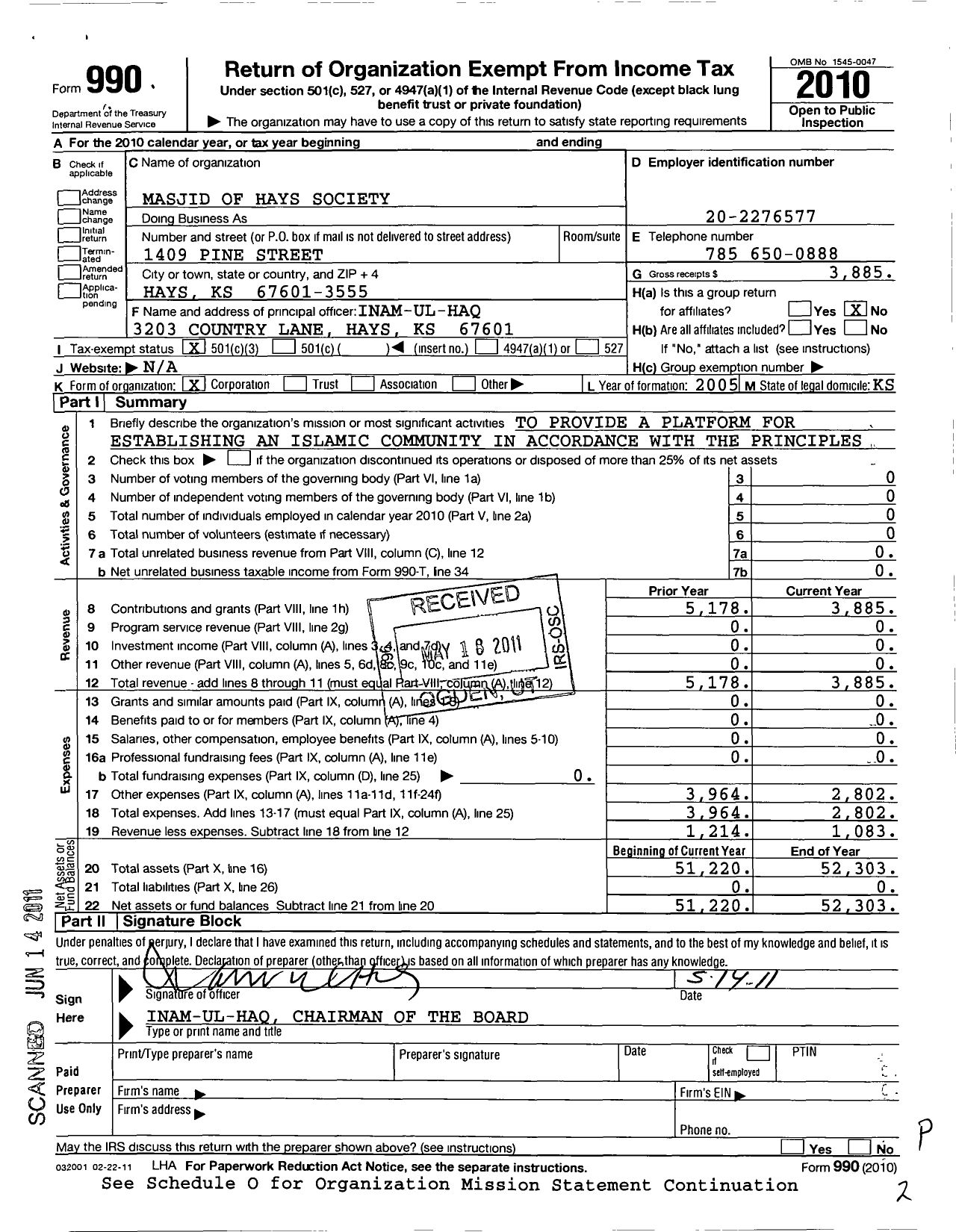 Image of first page of 2010 Form 990 for Masjid of Hays Society