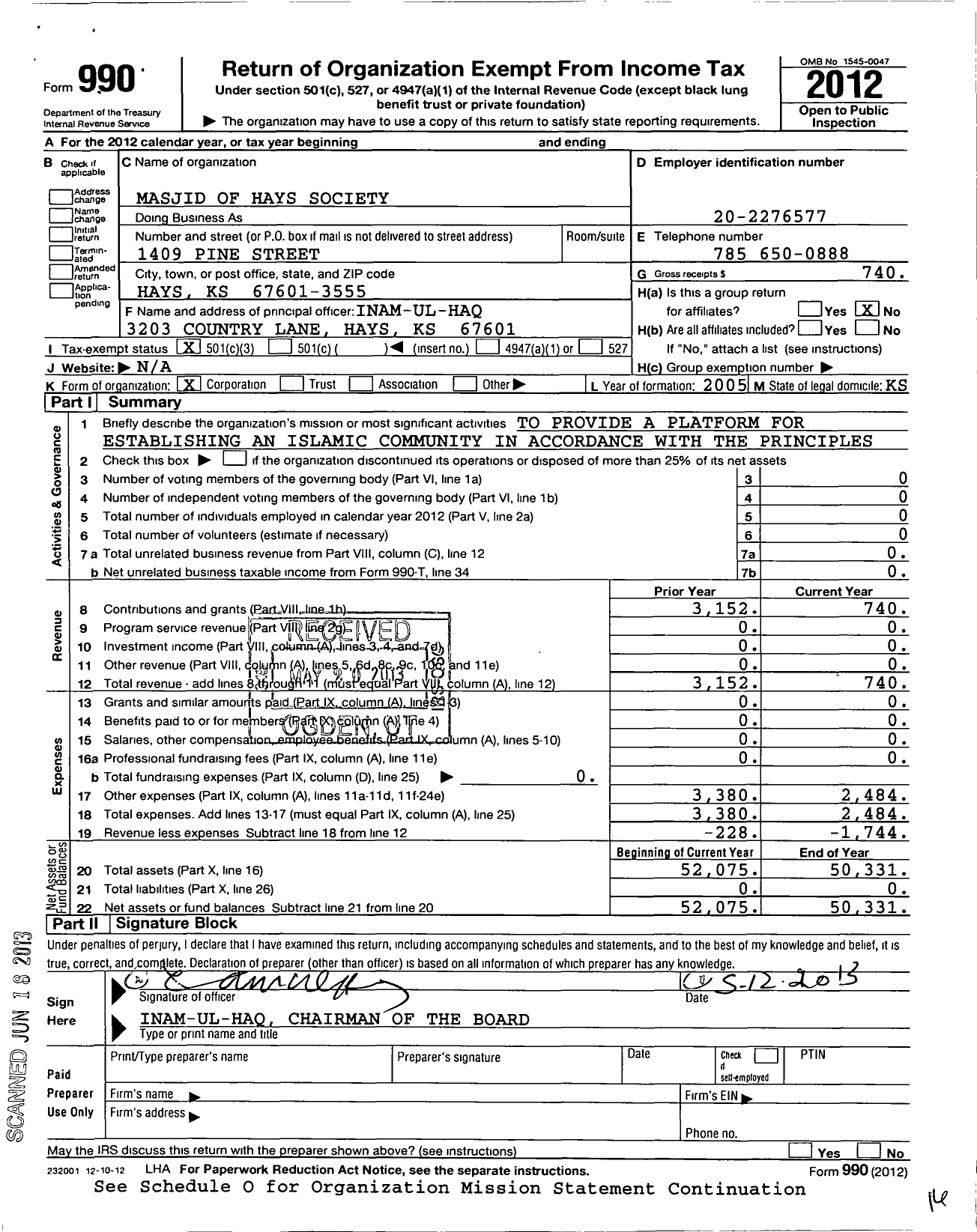 Image of first page of 2012 Form 990 for Masjid of Hays Society