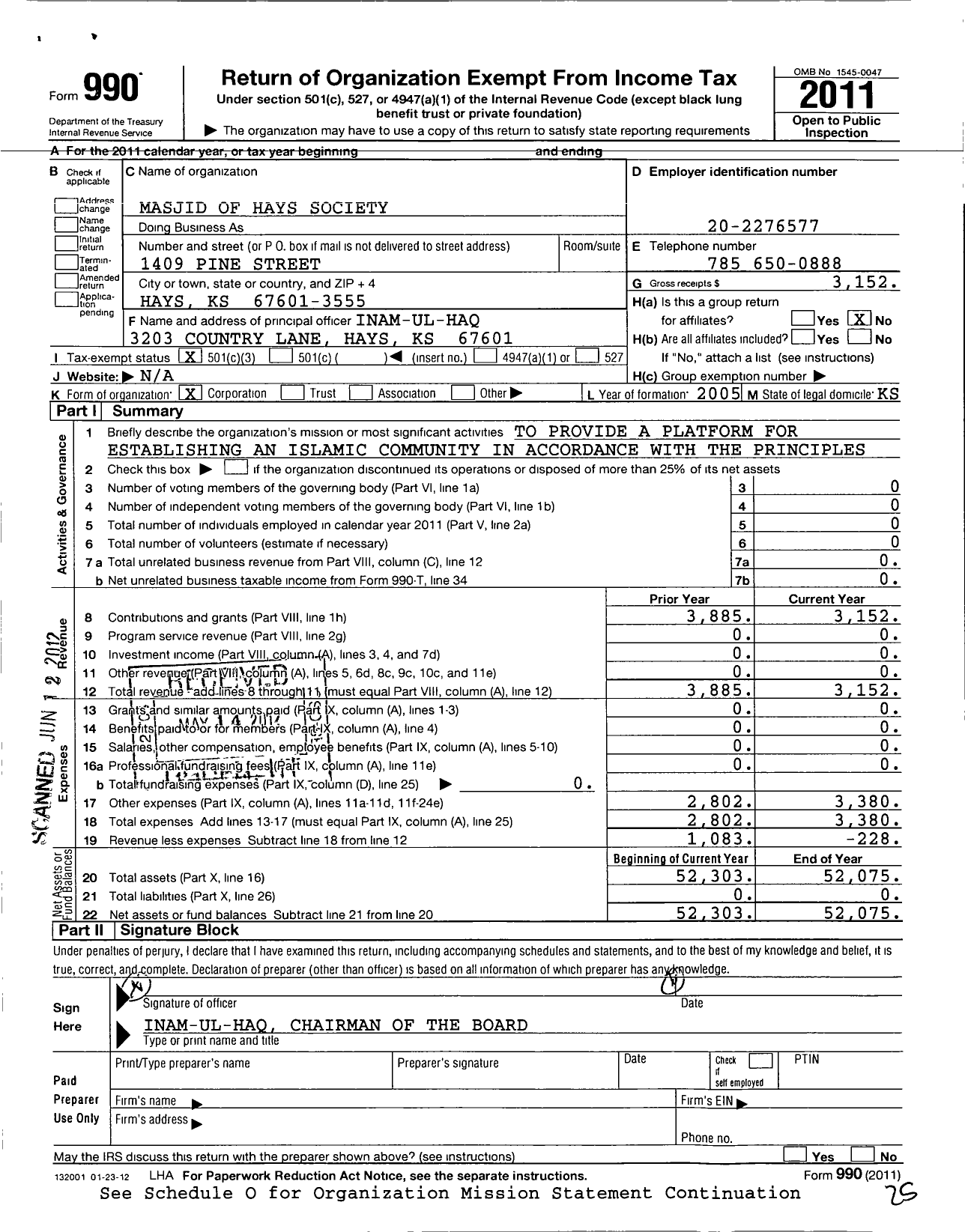 Image of first page of 2011 Form 990 for Masjid of Hays Society