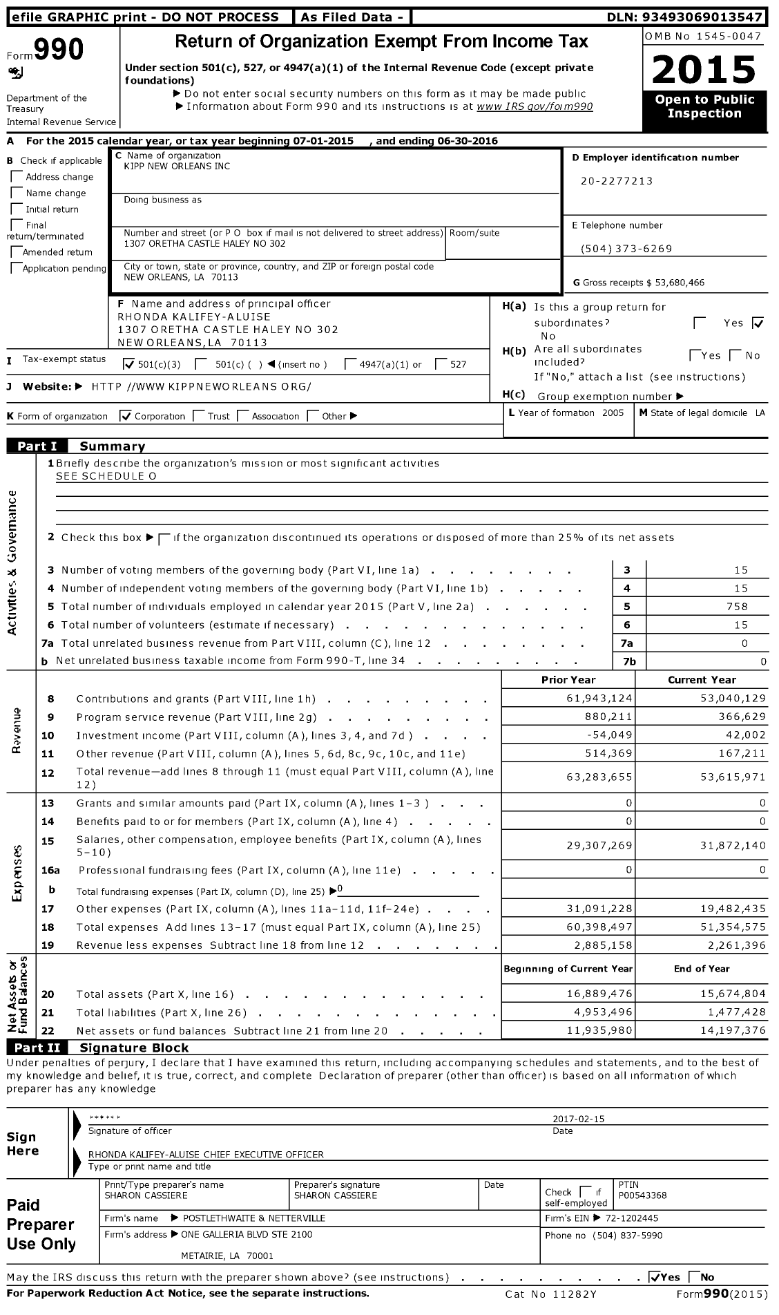 Image of first page of 2015 Form 990 for KIPP of New Orleans (KNOS)