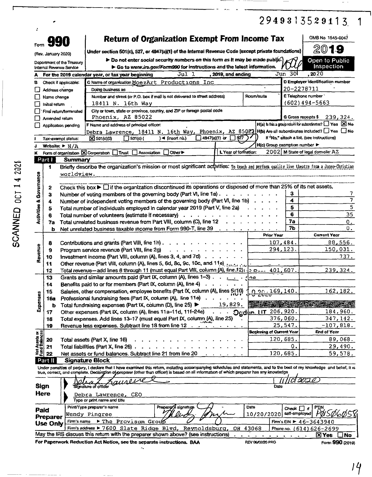 Image of first page of 2019 Form 990 for MoezArt Productions