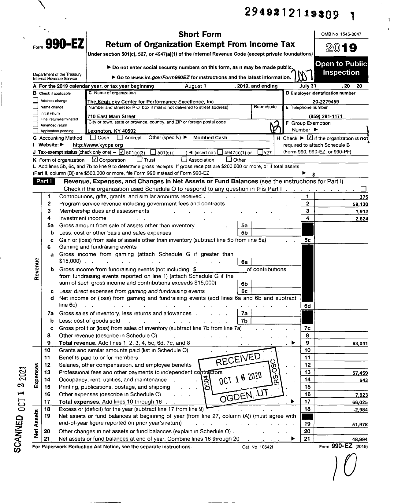 Image of first page of 2019 Form 990EZ for Kentucky Center For Performance Excellence