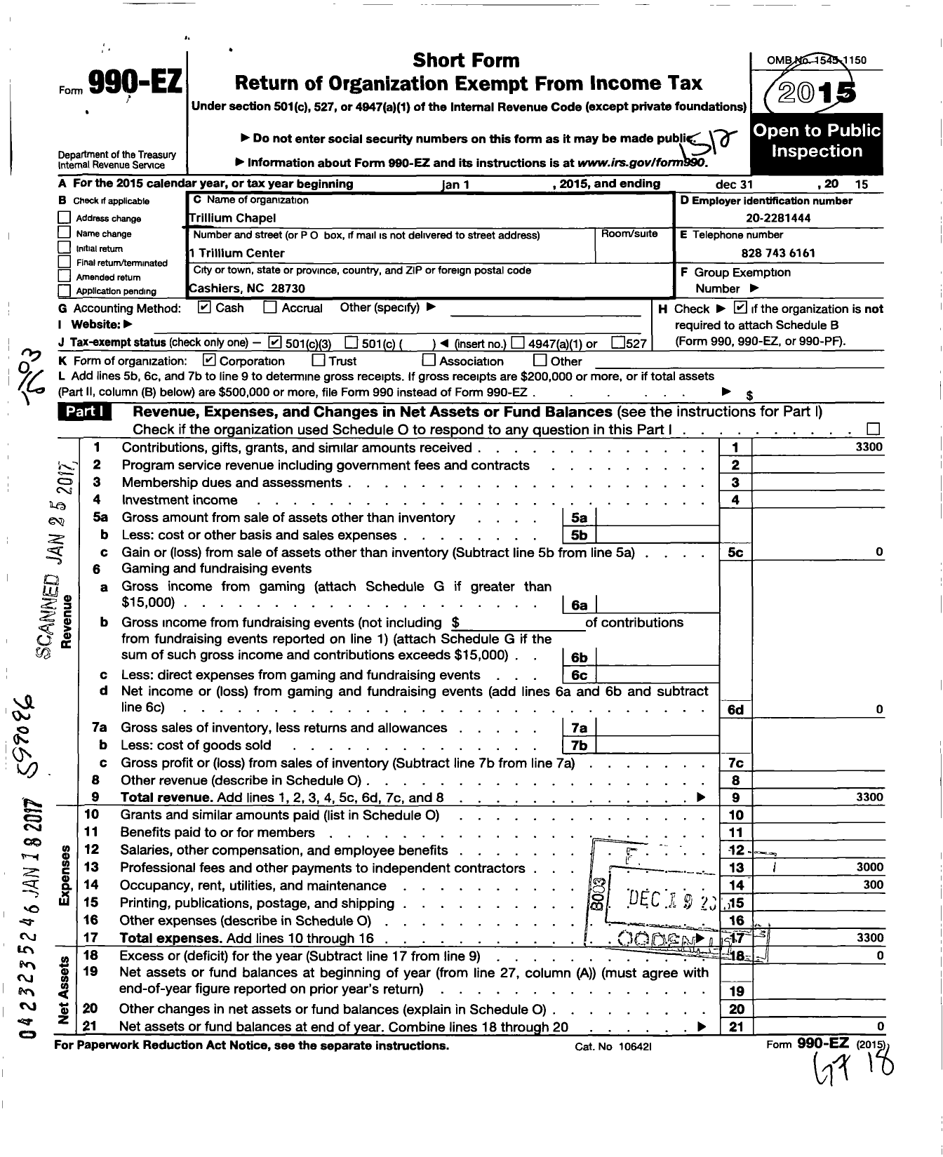 Image of first page of 2015 Form 990EZ for Trillium Chapel