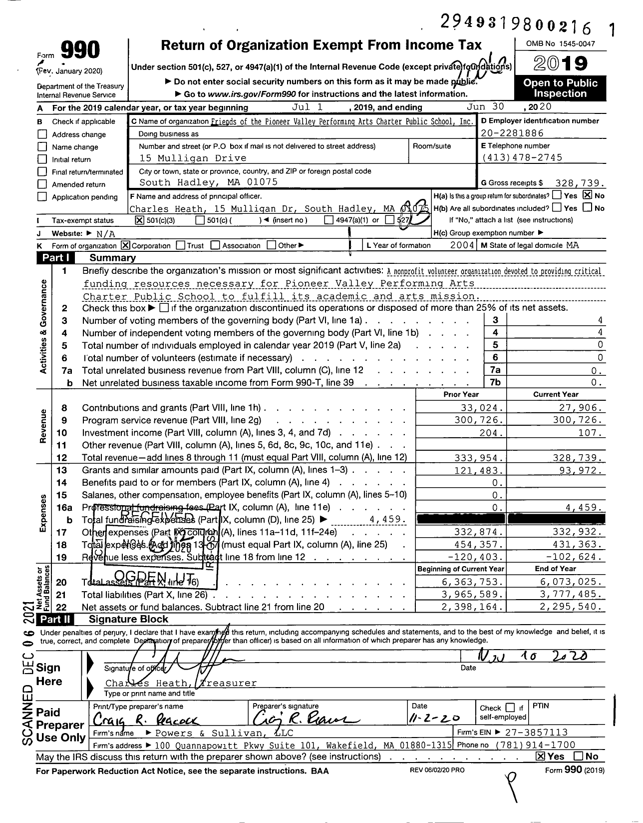 Image of first page of 2019 Form 990 for Friends of the Pioneer Valley Performing Arts Charter Public School