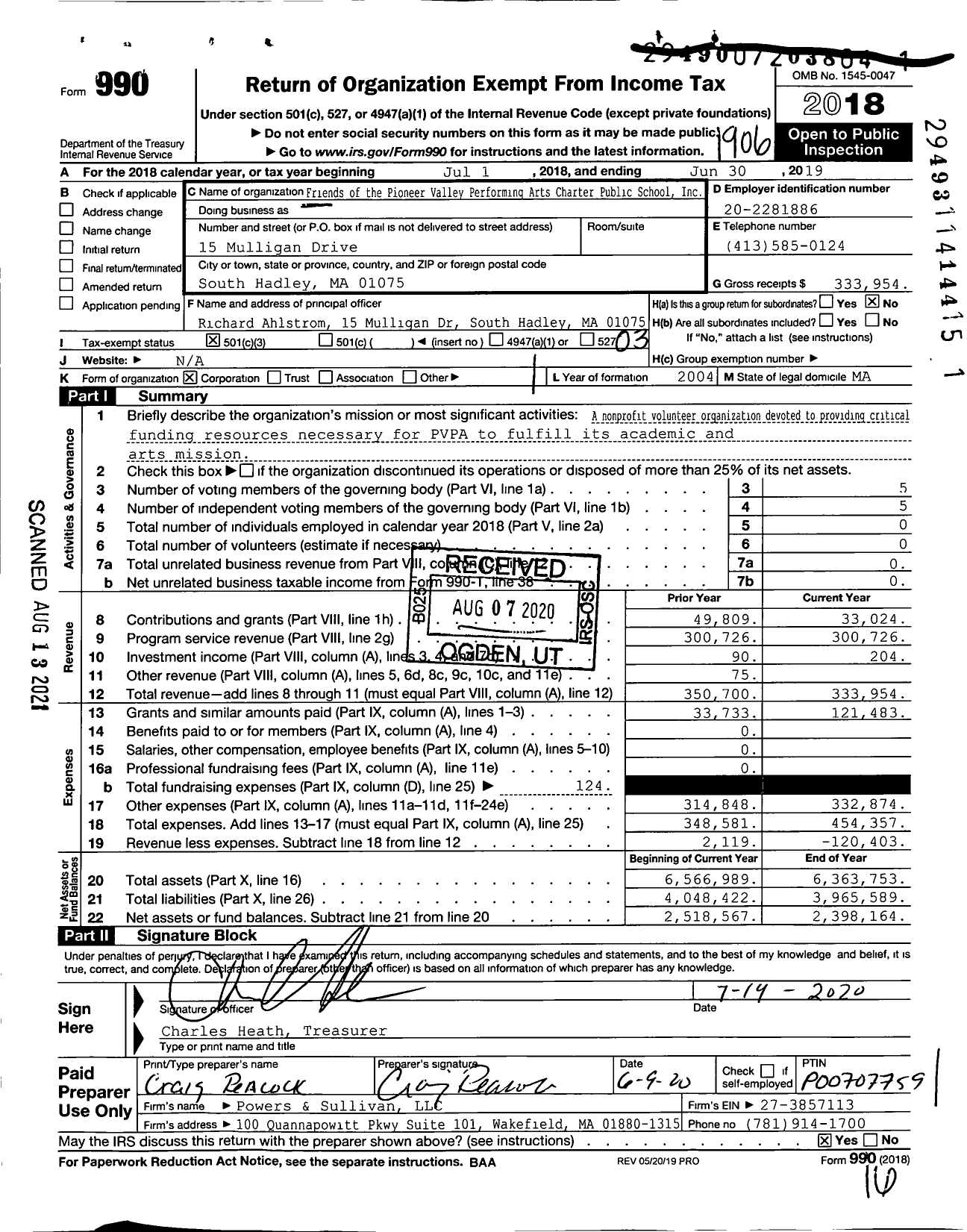 Image of first page of 2018 Form 990 for Friends of the Pioneer Valley Performing Arts Charter Public School