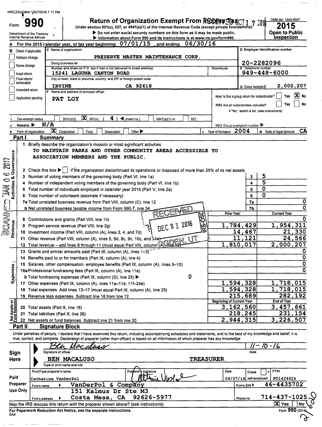 Image of first page of 2015 Form 990O for Preserve Master Maintenance Corporation