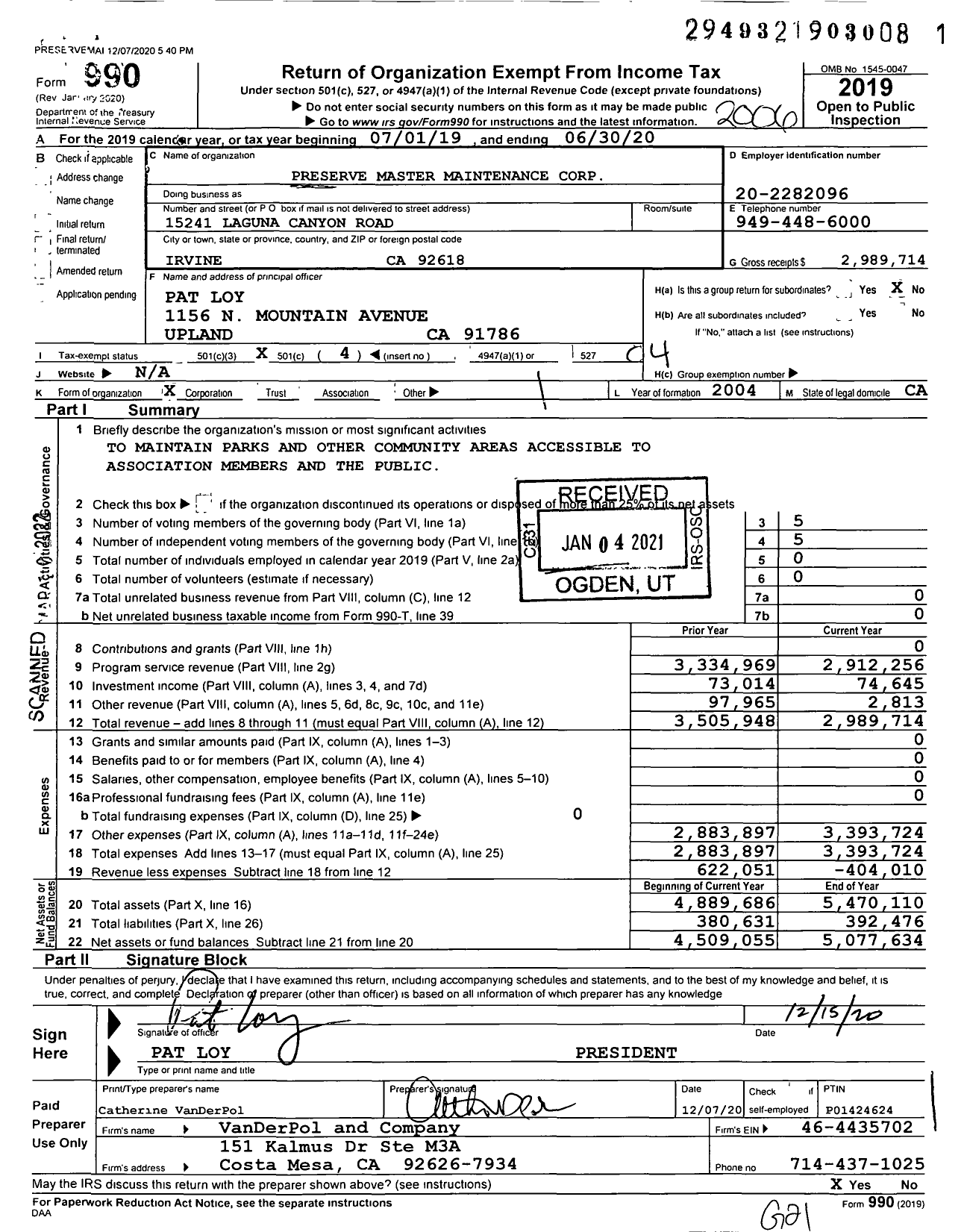 Image of first page of 2019 Form 990O for Preserve Master Maintenance Corporation