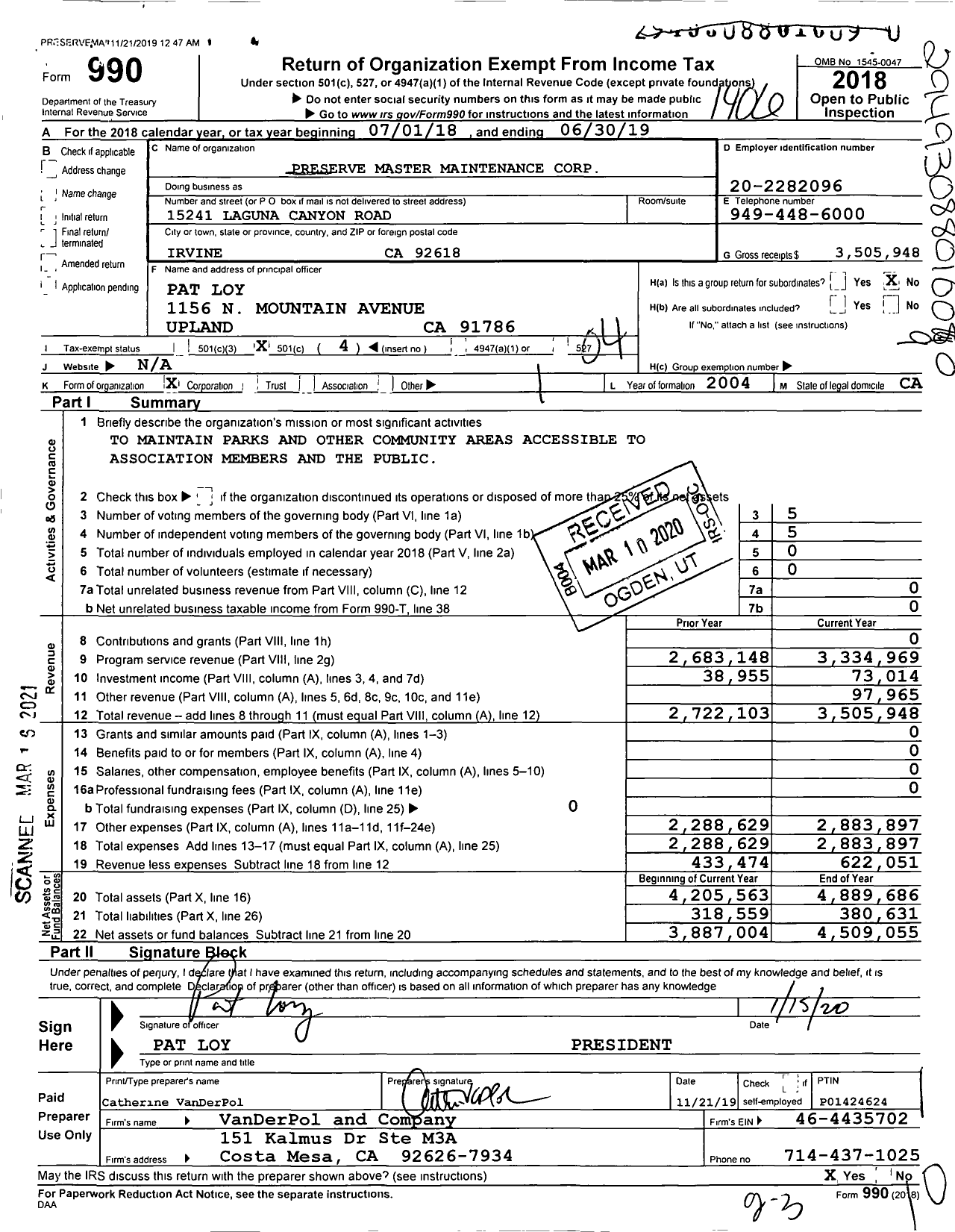 Image of first page of 2018 Form 990O for Preserve Master Maintenance Corporation