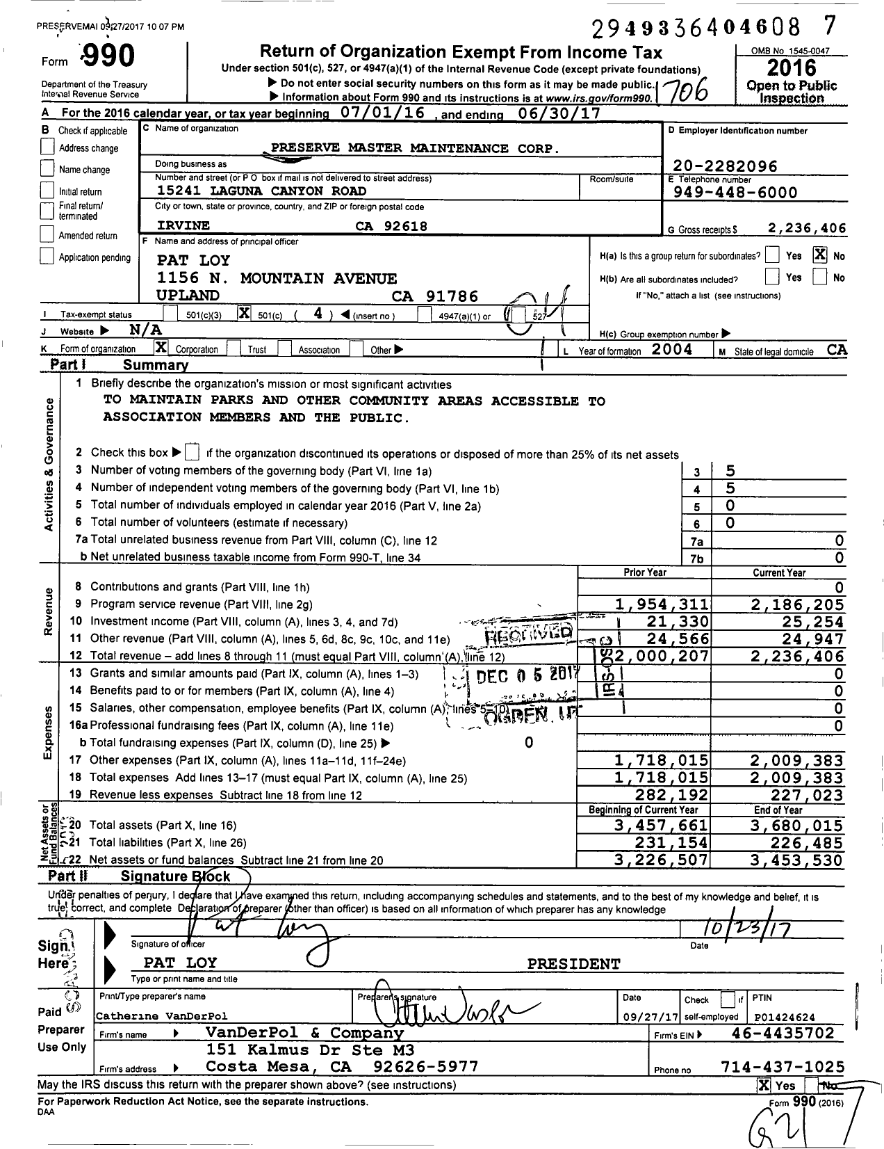 Image of first page of 2016 Form 990O for Preserve Master Maintenance Corporation