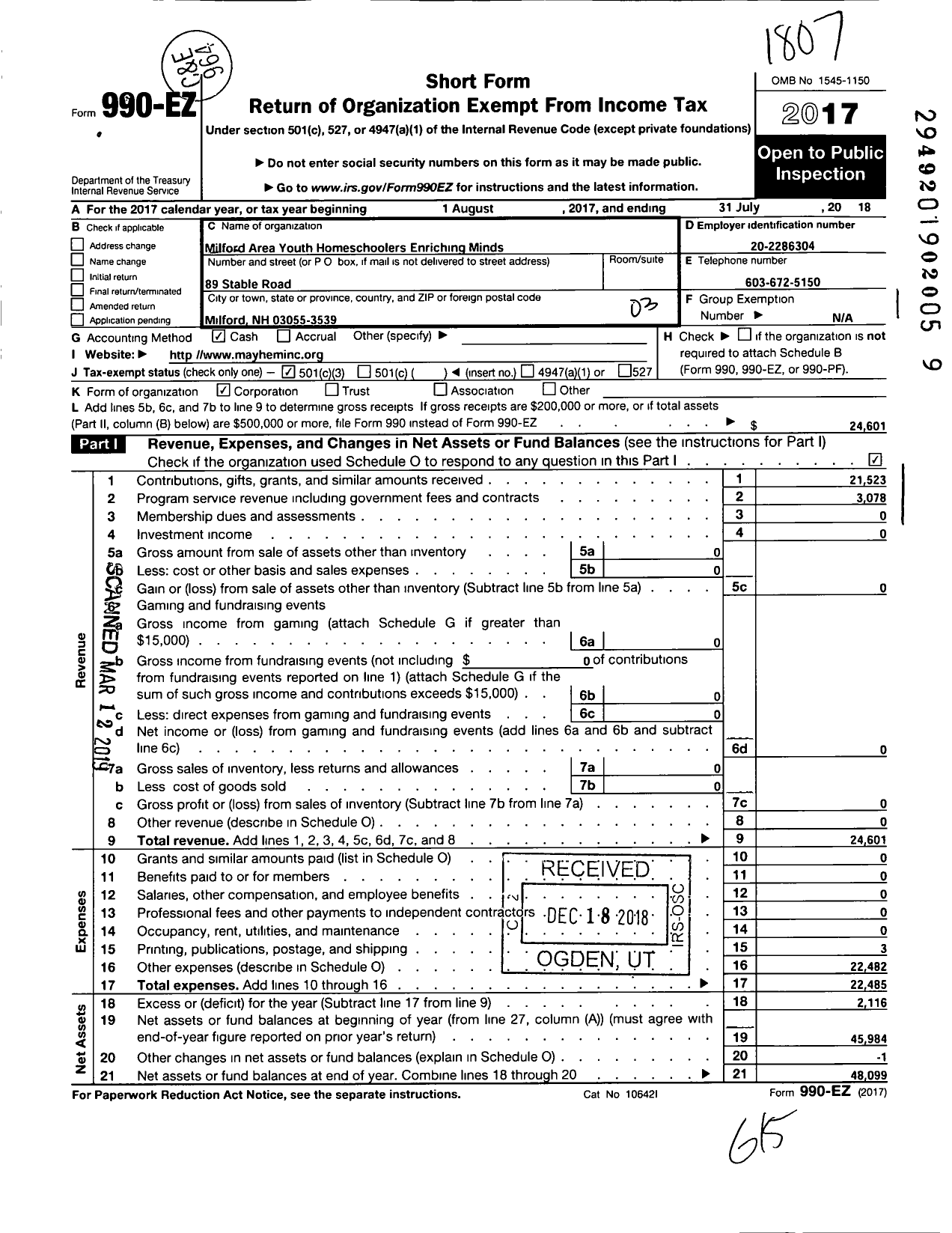 Image of first page of 2017 Form 990EZ for Milford Area Youth Homeschoolers Enriching Minds