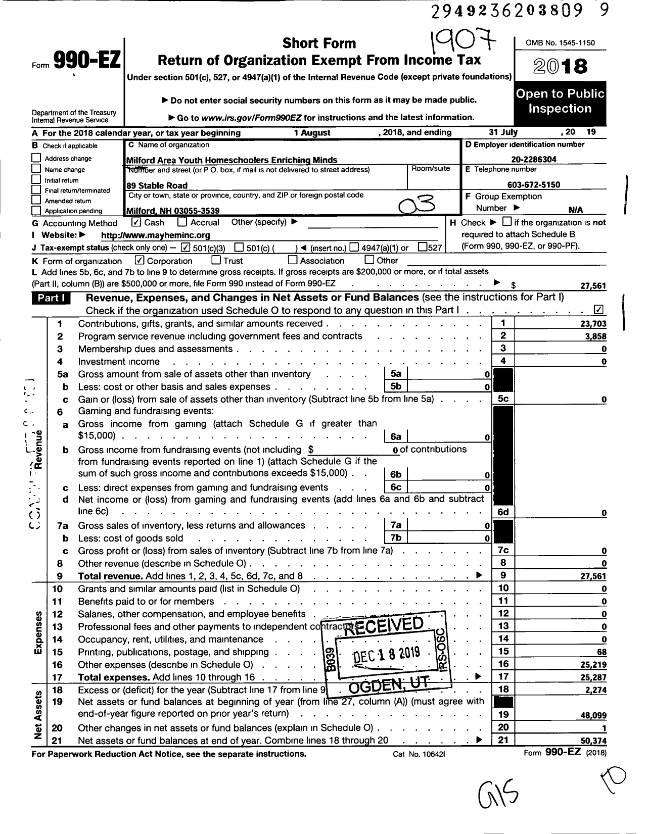 Image of first page of 2018 Form 990EZ for Milford Area Youth Homeschoolers Enriching Minds