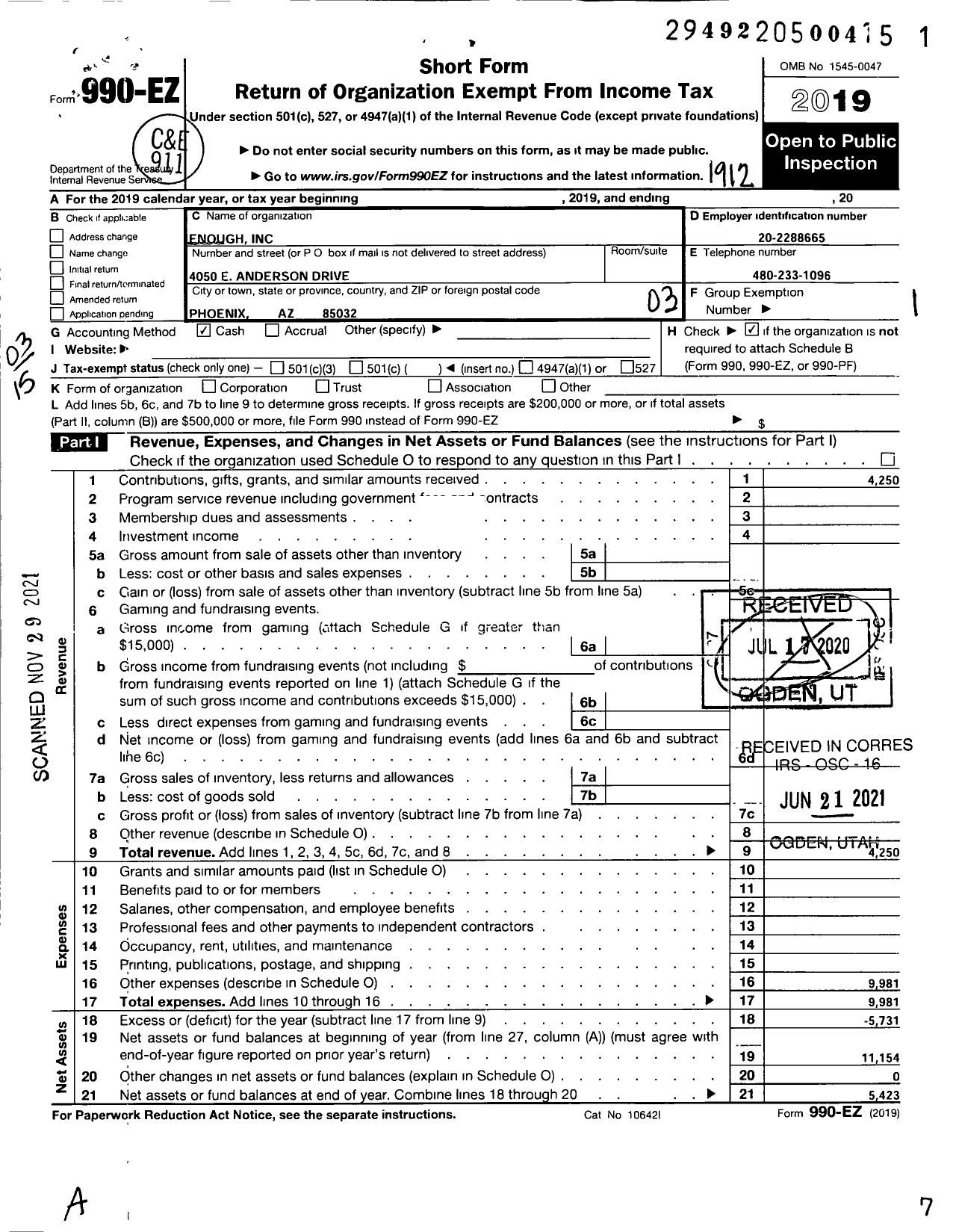 Image of first page of 2019 Form 990EZ for Enough