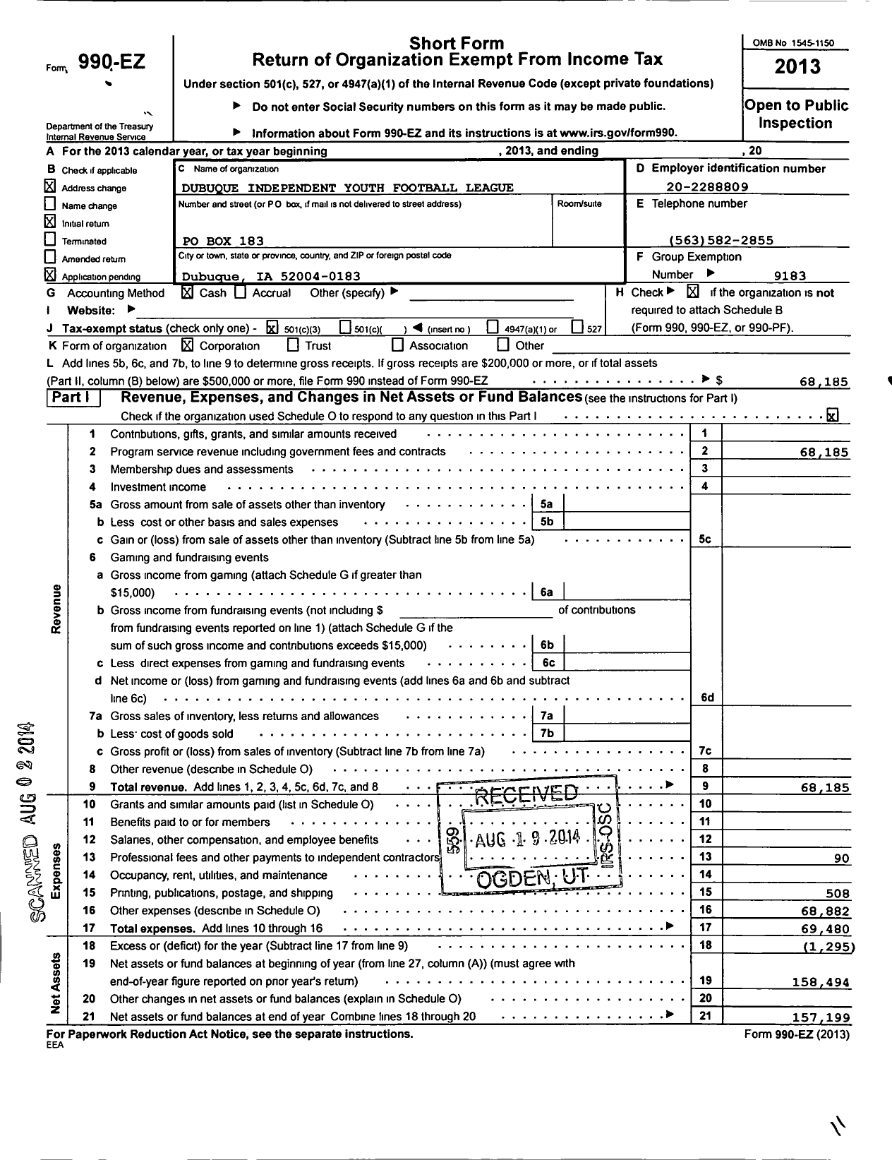 Image of first page of 2013 Form 990EZ for Dubuque Independent Youth Football League