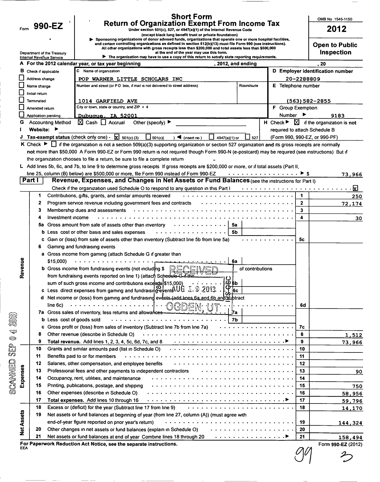 Image of first page of 2012 Form 990EZ for Dubuque Independent Youth Football League