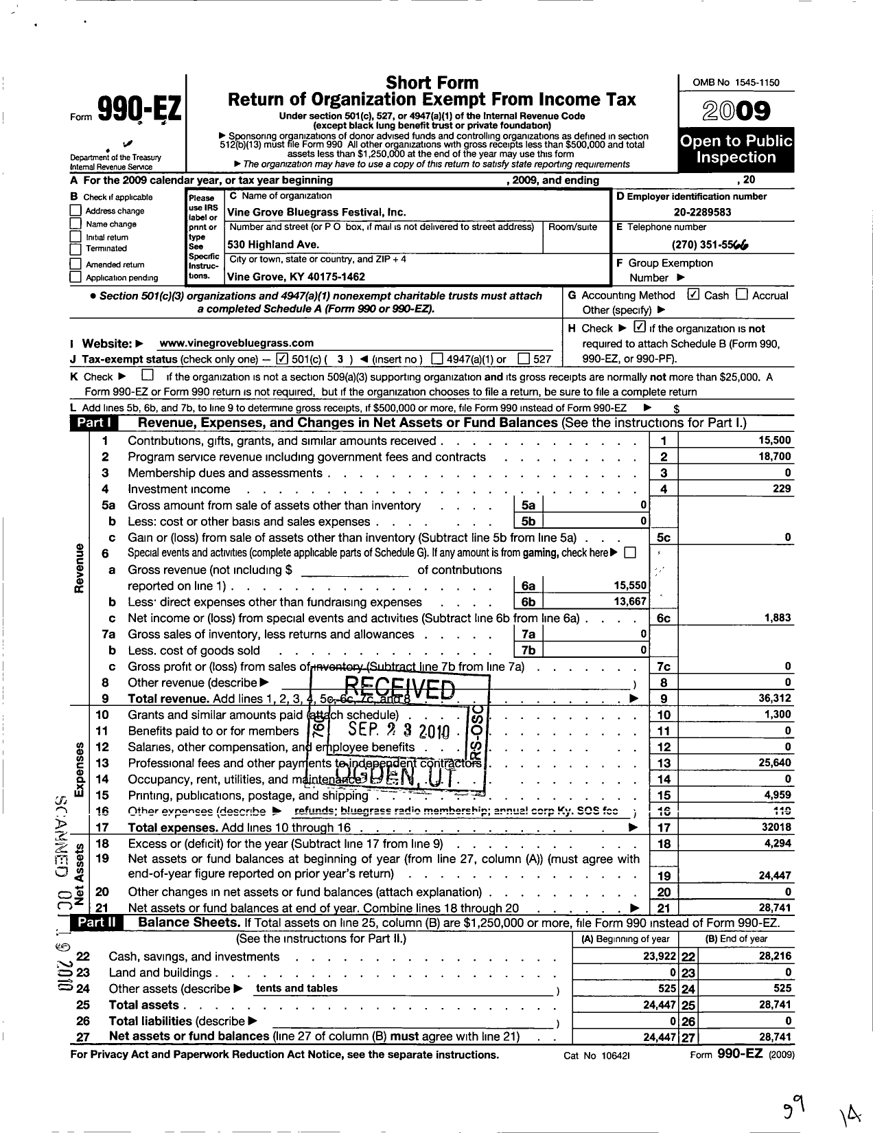 Image of first page of 2009 Form 990EZ for Vine Grove Bluegrass Festival