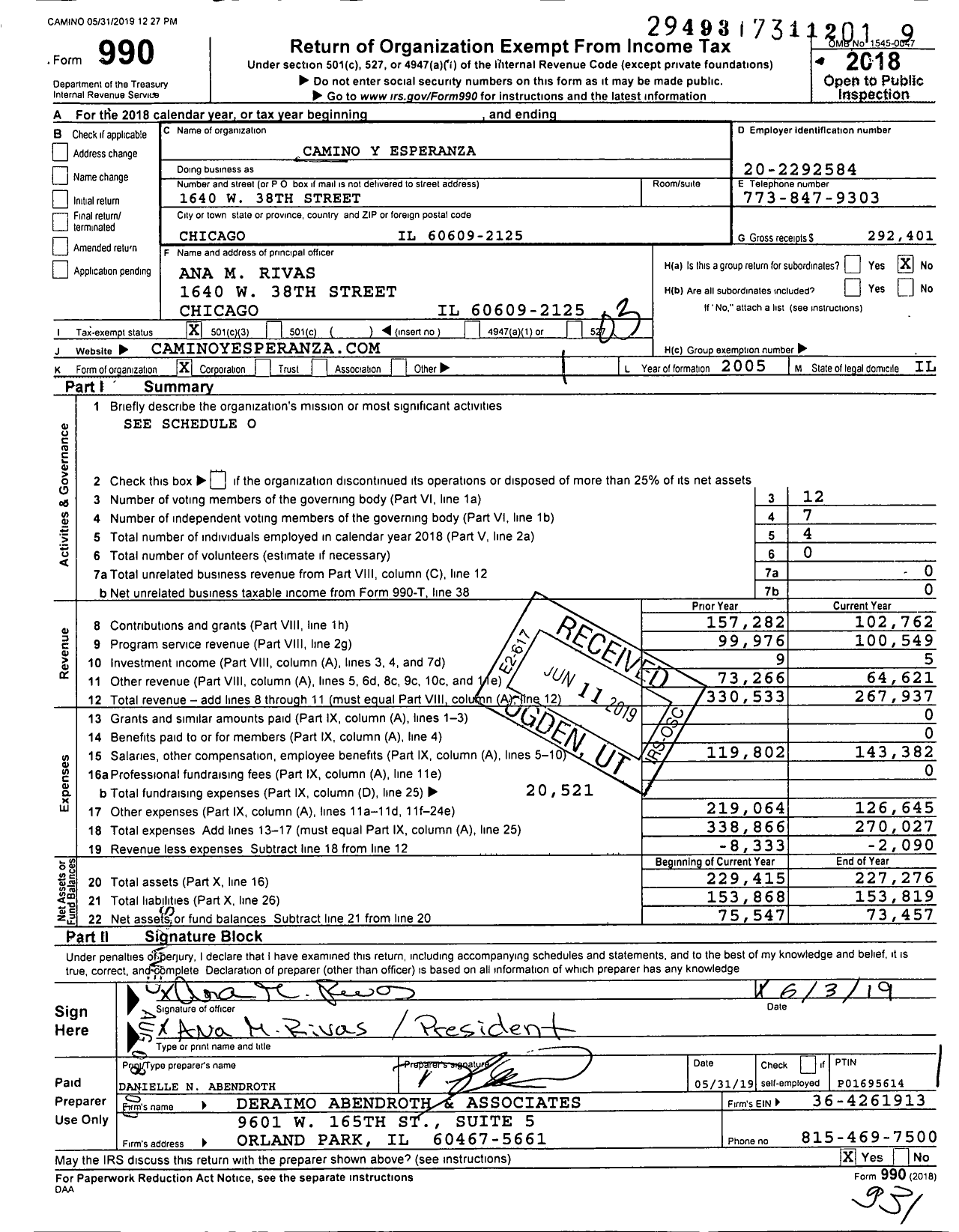 Image of first page of 2018 Form 990 for Camino Y Esperanza