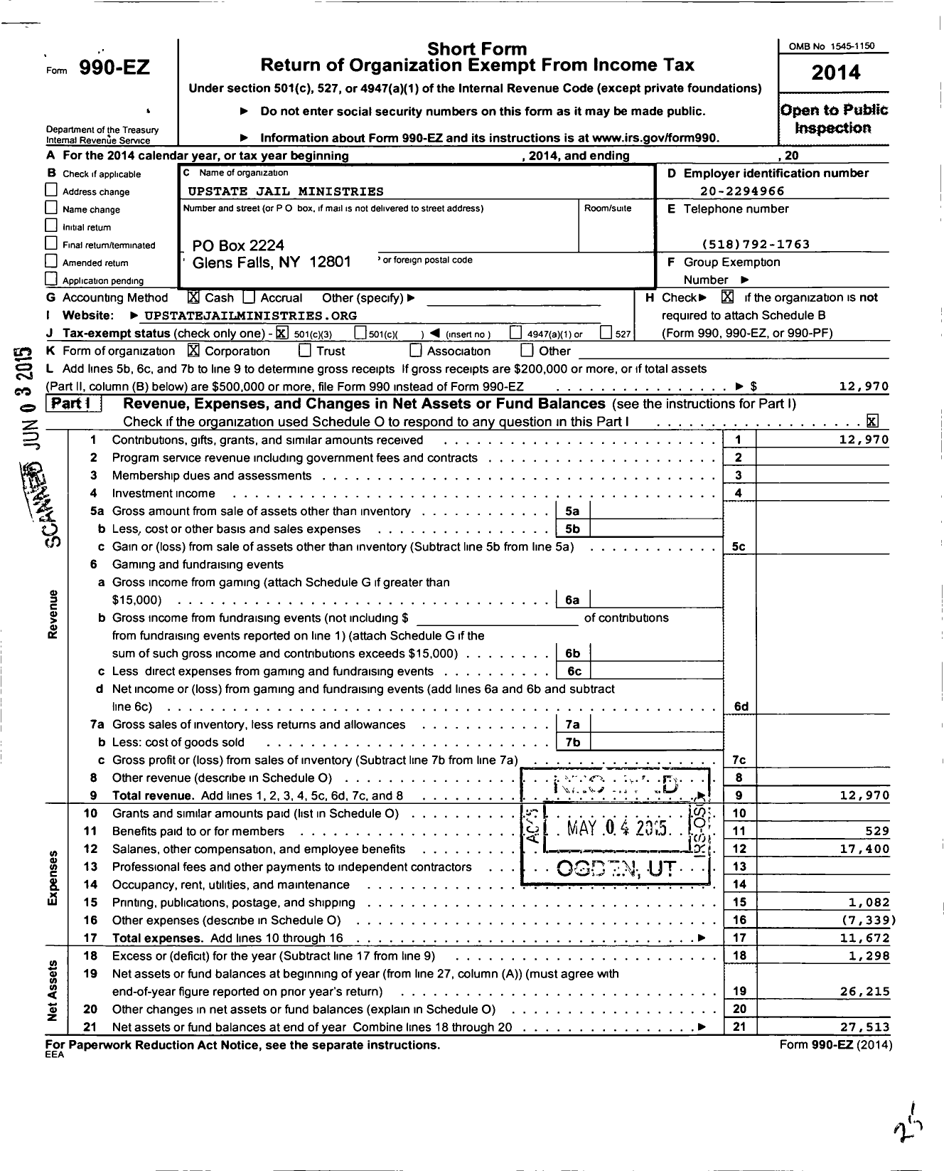 Image of first page of 2014 Form 990EZ for Upstate Jail Ministries