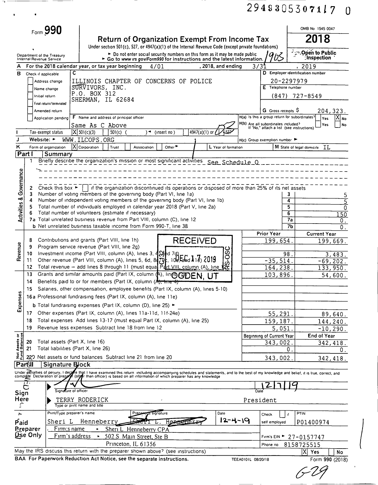 Image of first page of 2018 Form 990 for Illinois Chapter of Concerns of Police Survivors