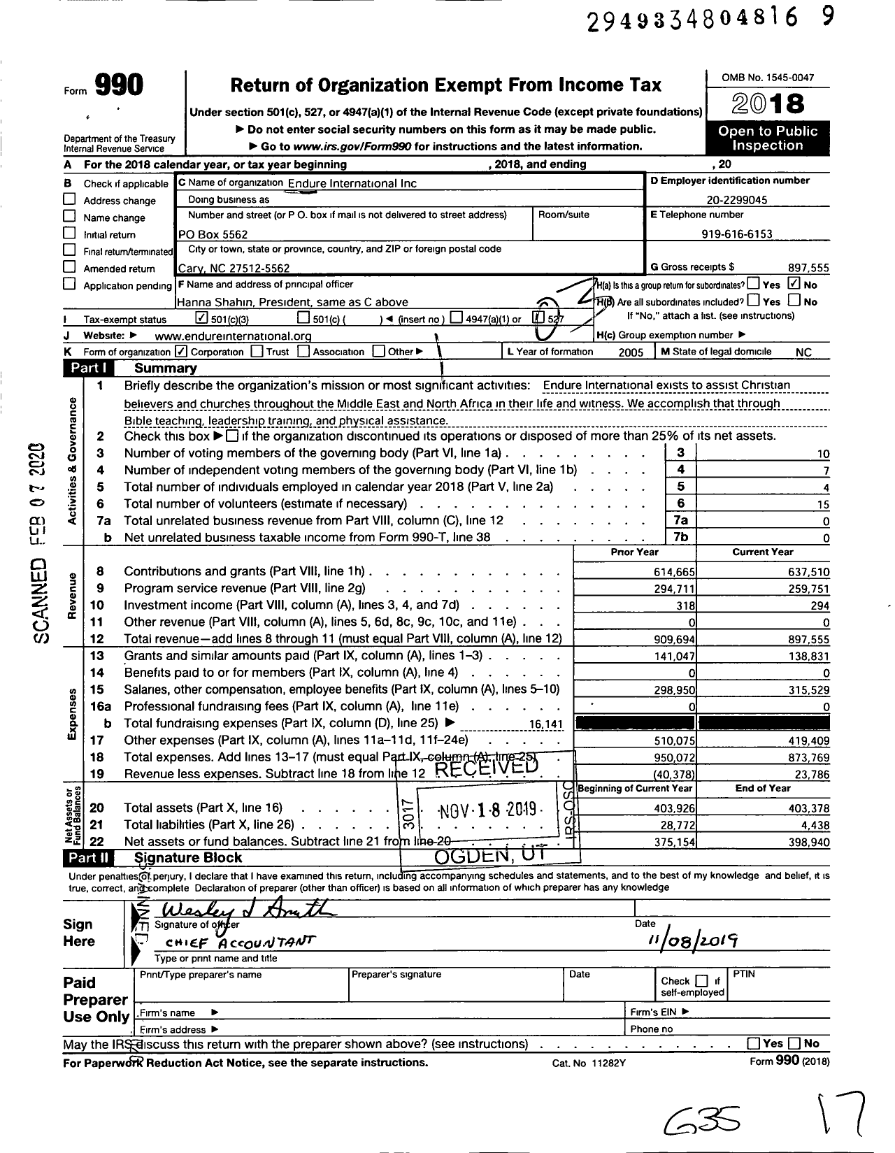 Image of first page of 2018 Form 990 for Endure International