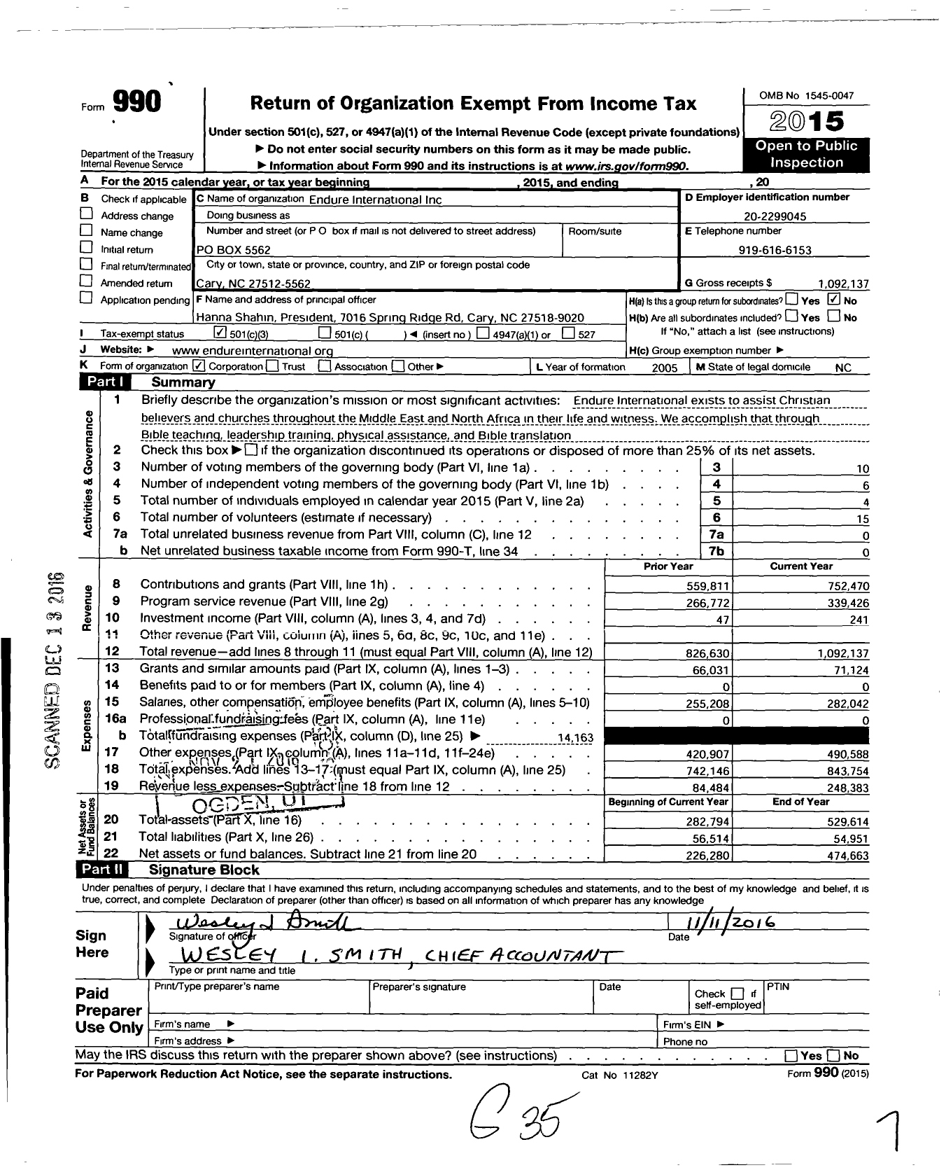 Image of first page of 2015 Form 990 for Endure International