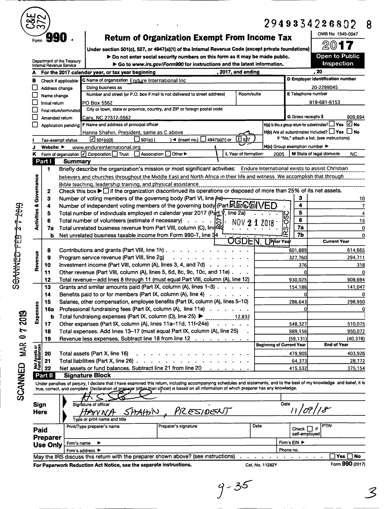 Image of first page of 2017 Form 990 for Endure International