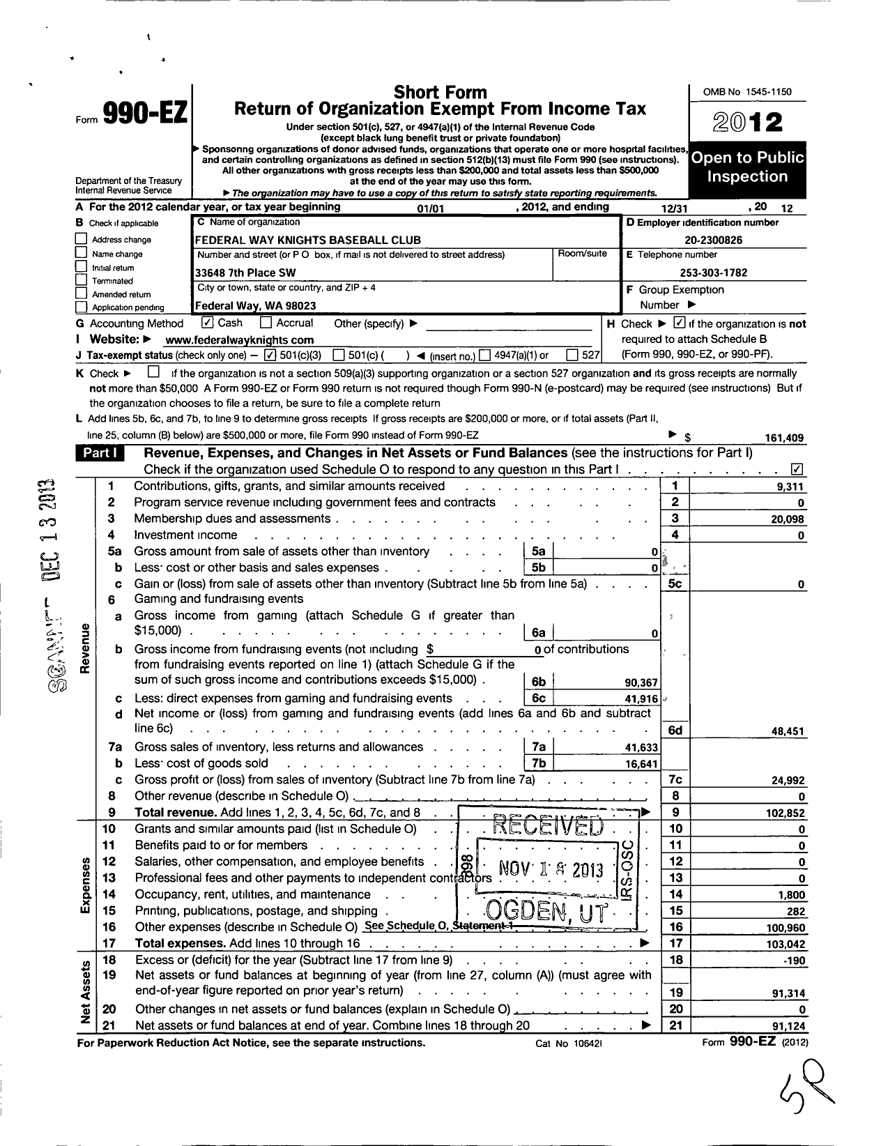 Image of first page of 2012 Form 990EZ for Federal Way Knights Baseball Club