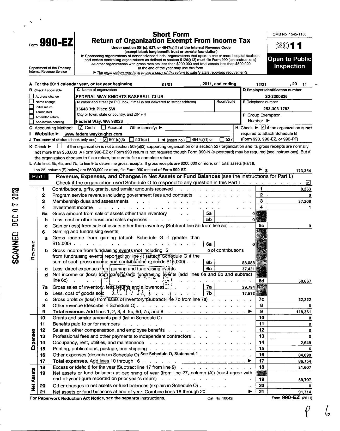 Image of first page of 2011 Form 990EZ for Federal Way Knights Baseball Club