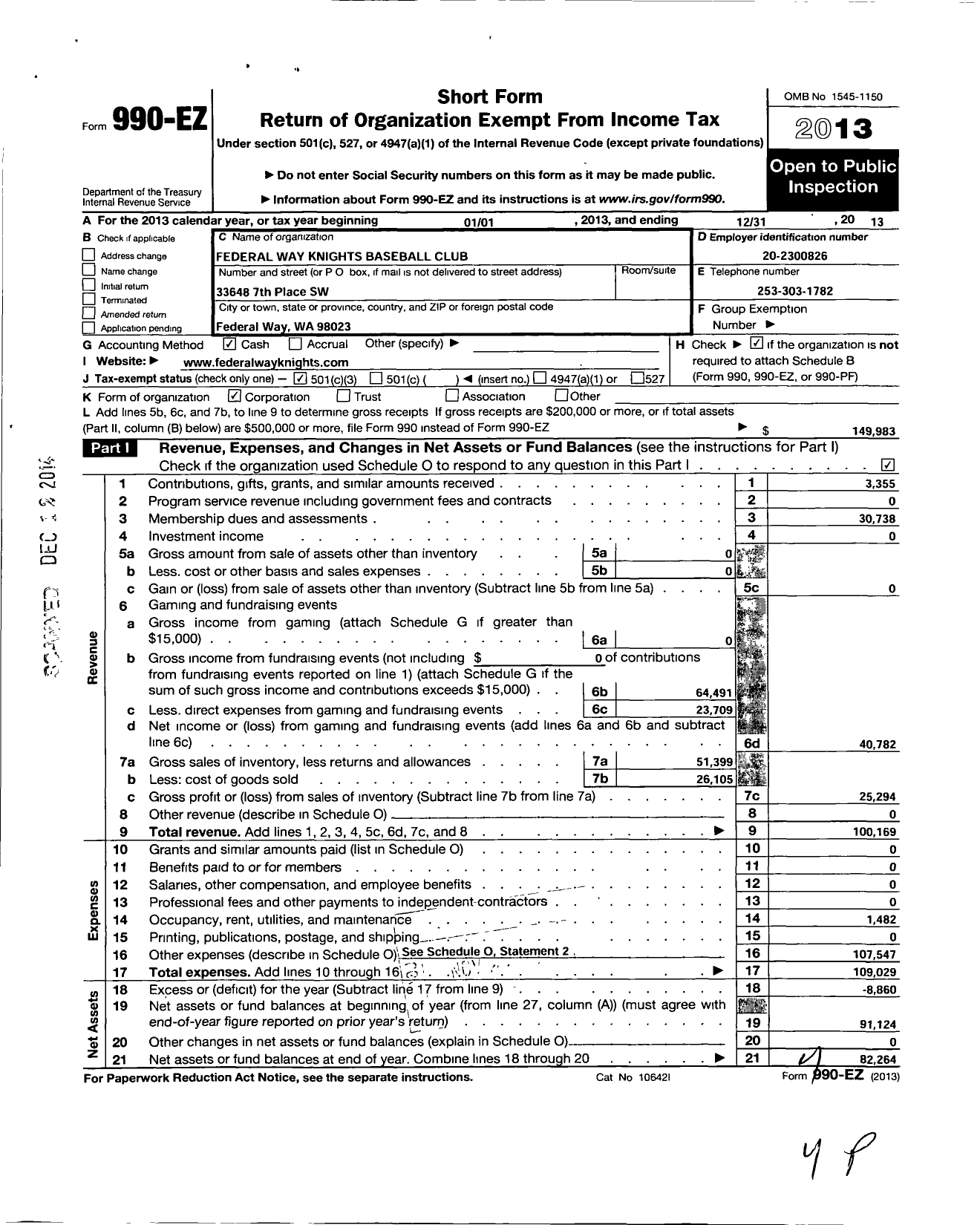 Image of first page of 2013 Form 990EZ for Federal Way Knights Baseball Club