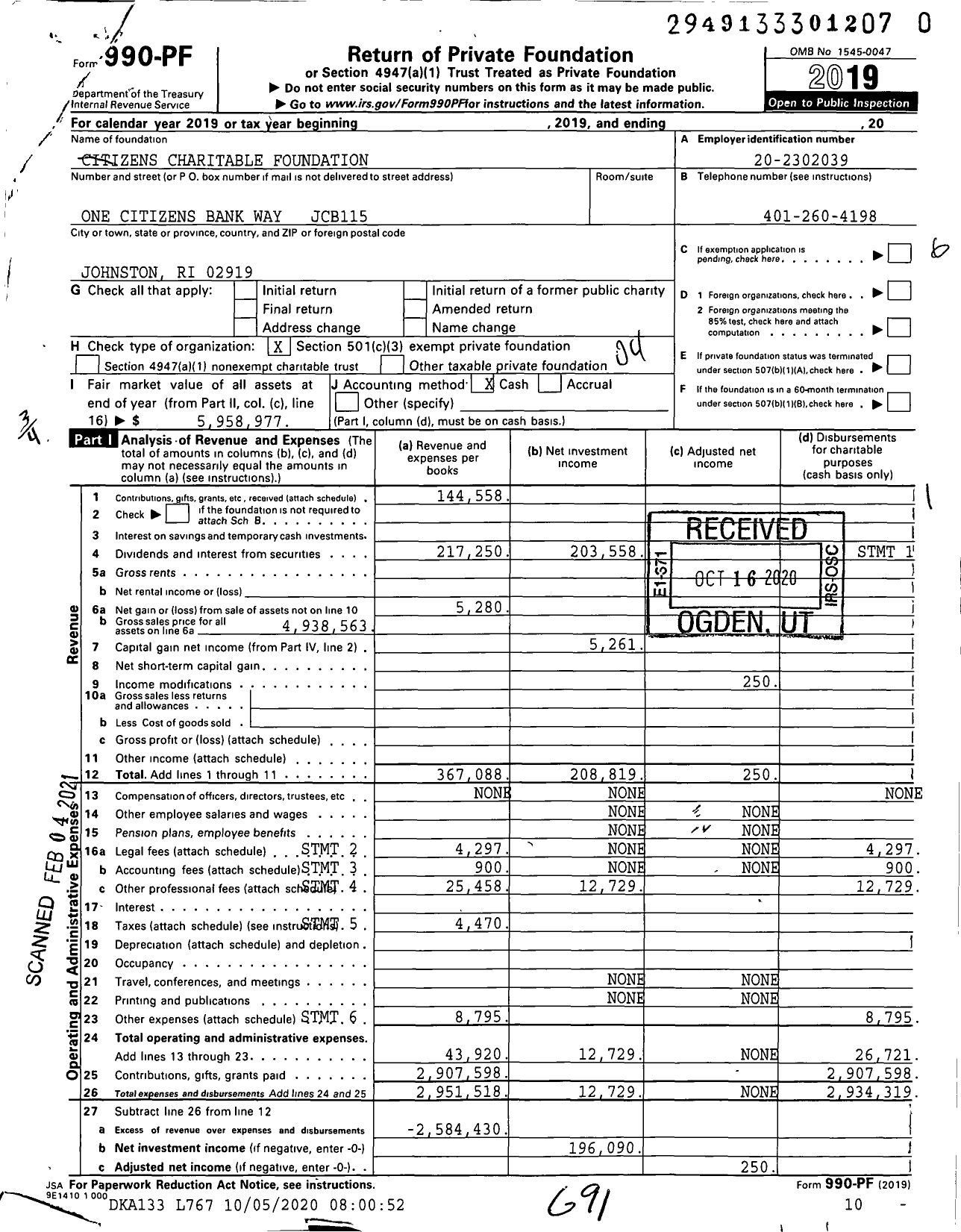 Image of first page of 2019 Form 990PF for Citizens Charitable Foundation