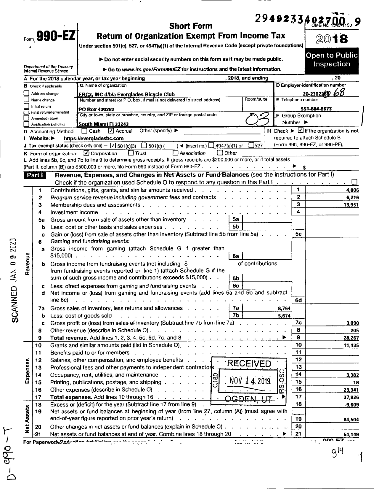 Image of first page of 2018 Form 990EZ for E B C 2 (Everglades Bicycle Club)