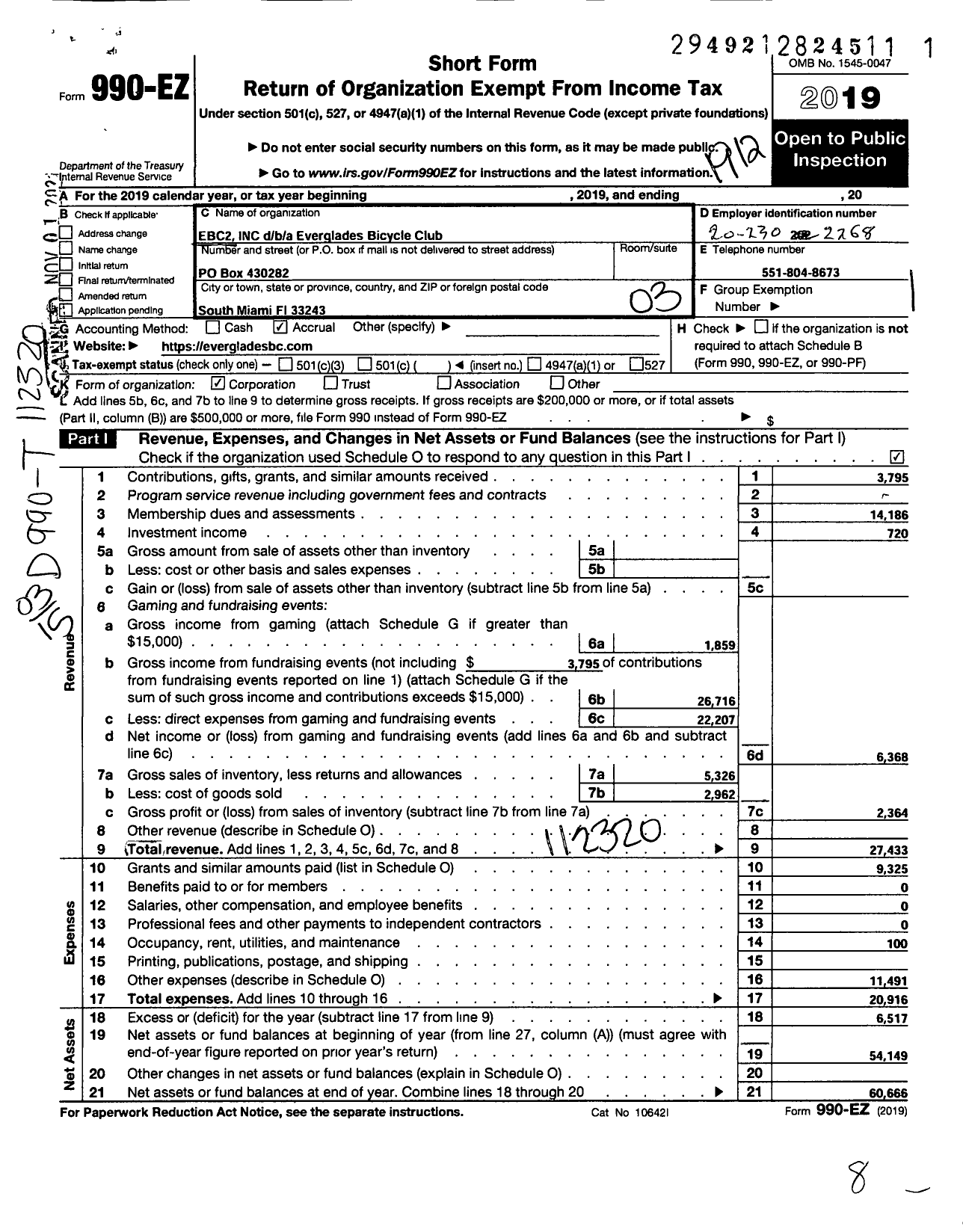 Image of first page of 2019 Form 990EZ for E B C 2 (Everglades Bicycle Club)