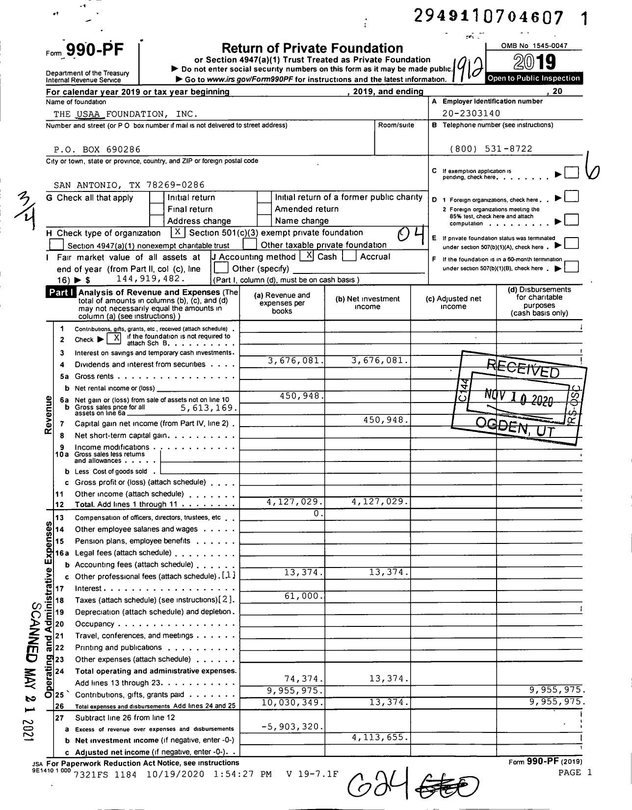 Image of first page of 2019 Form 990PF for The USAA Foundation