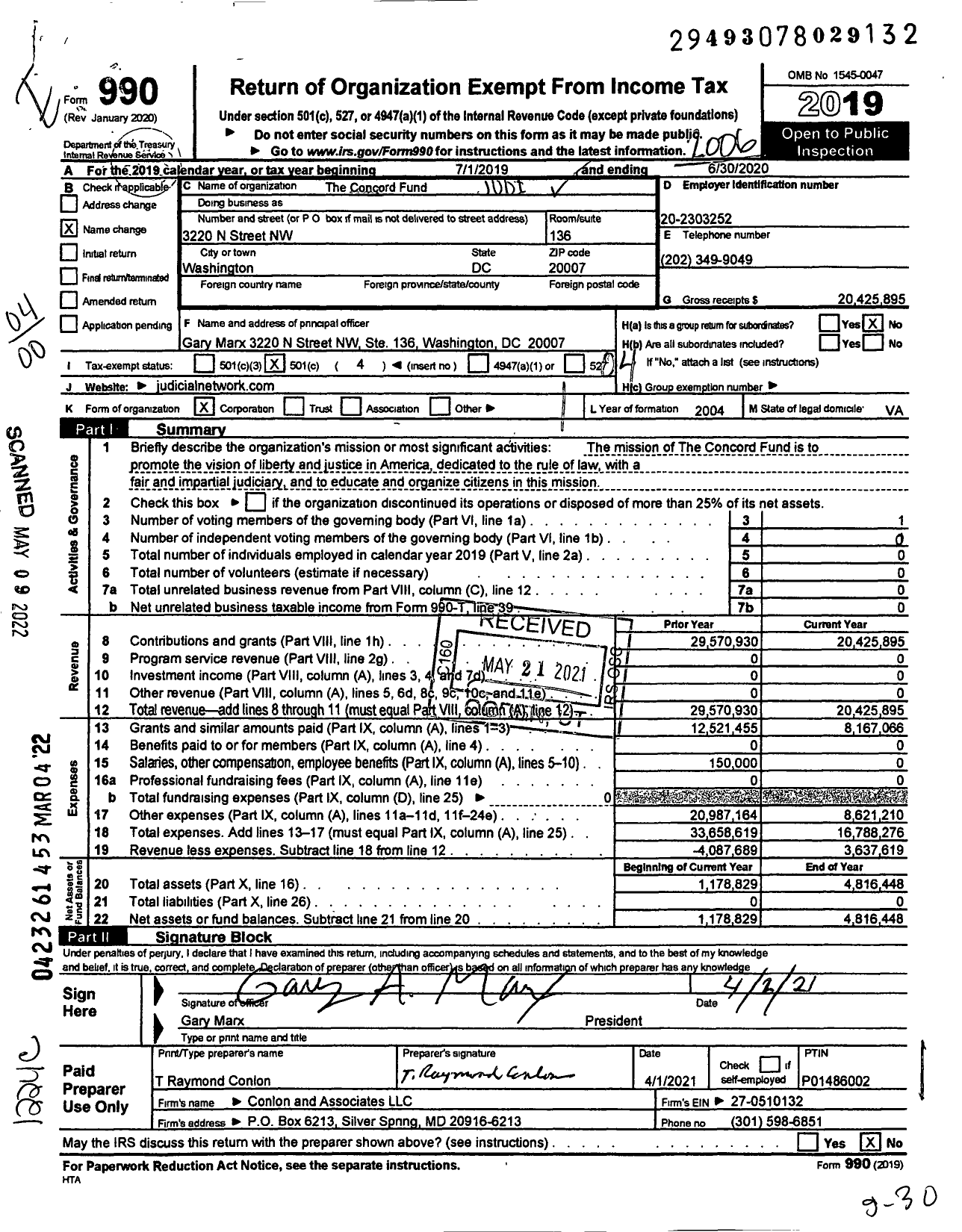 Image of first page of 2019 Form 990O for The Concord Fund